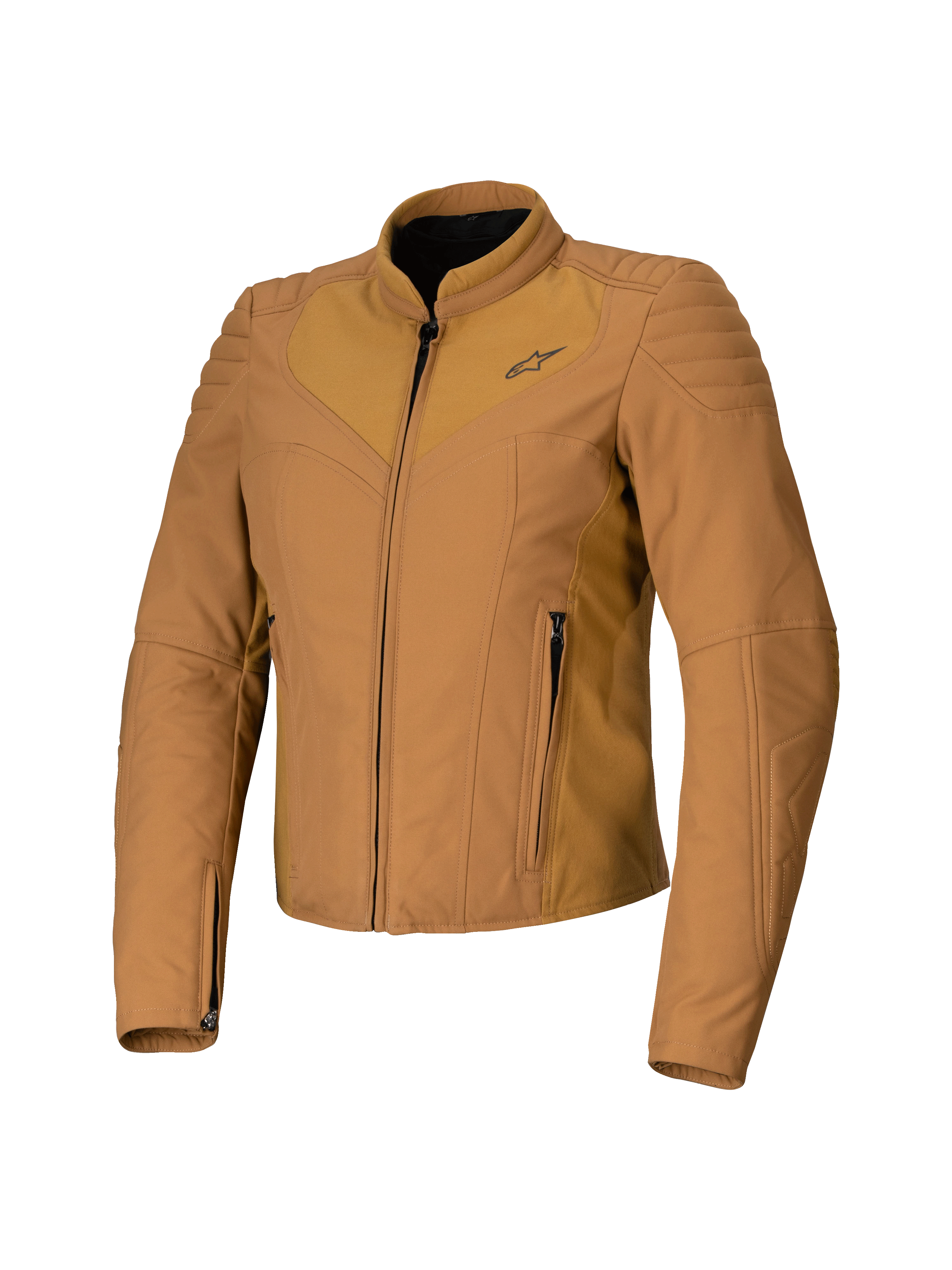 Alpinestars Isla WR Women's Jacket, Utility Brown Light Gold, Tan Women's Motorcycle Jacket, Slim Tailored Fit, High Biker Collar, Quilted Shoulder Detail, Front Zipper with Side Pockets, Technical Urban Riding Gear