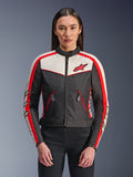 Alpinestars Stella T-Dyno WR Jacket, damska tekstylna kurtka motocyklowa, czarna, ecru i jaskrawoczerwona, design inspirowany stylem vintage z przednim zamkiem, czerwone paski na rękawach z logo gwiazdy, zapinane na zamek kieszenie z czerwonym wykończeniem