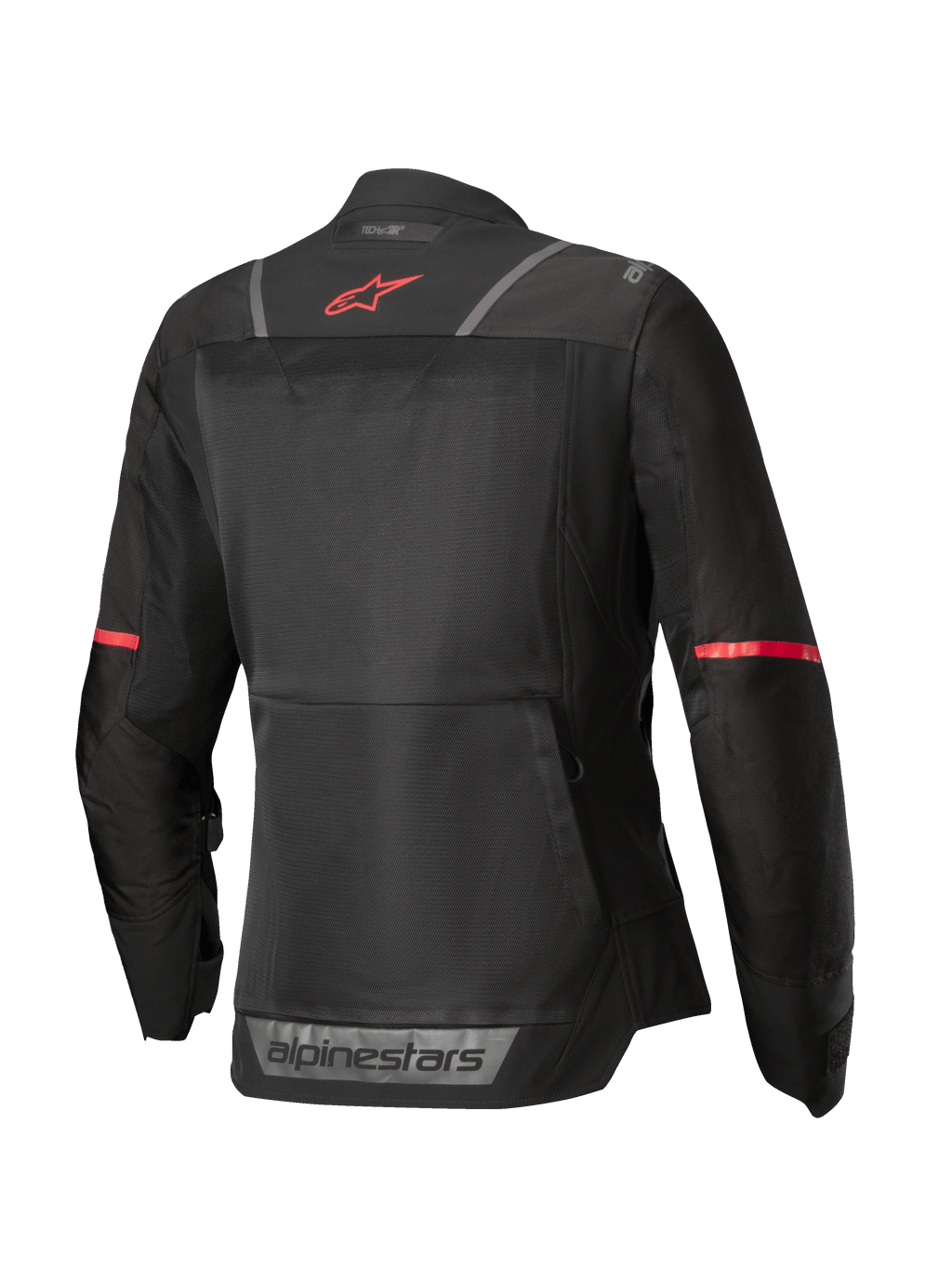 Alpinestars Kurtka Stella ST-2 Air, damska motocyklowa kurtka turystyczna, widok z tyłu w kolorze czarnym z czerwonymi akcentami i elementami odblaskowymi, konstrukcja z siateczki tekstylnej z certyfikatem CE poziomu AA