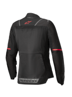 Alpinestars Kurtka Stella ST-2 Air, damska motocyklowa kurtka turystyczna, widok z tyłu w kolorze czarnym z czerwonymi akcentami i elementami odblaskowymi, konstrukcja z siateczki tekstylnej z certyfikatem CE poziomu AA