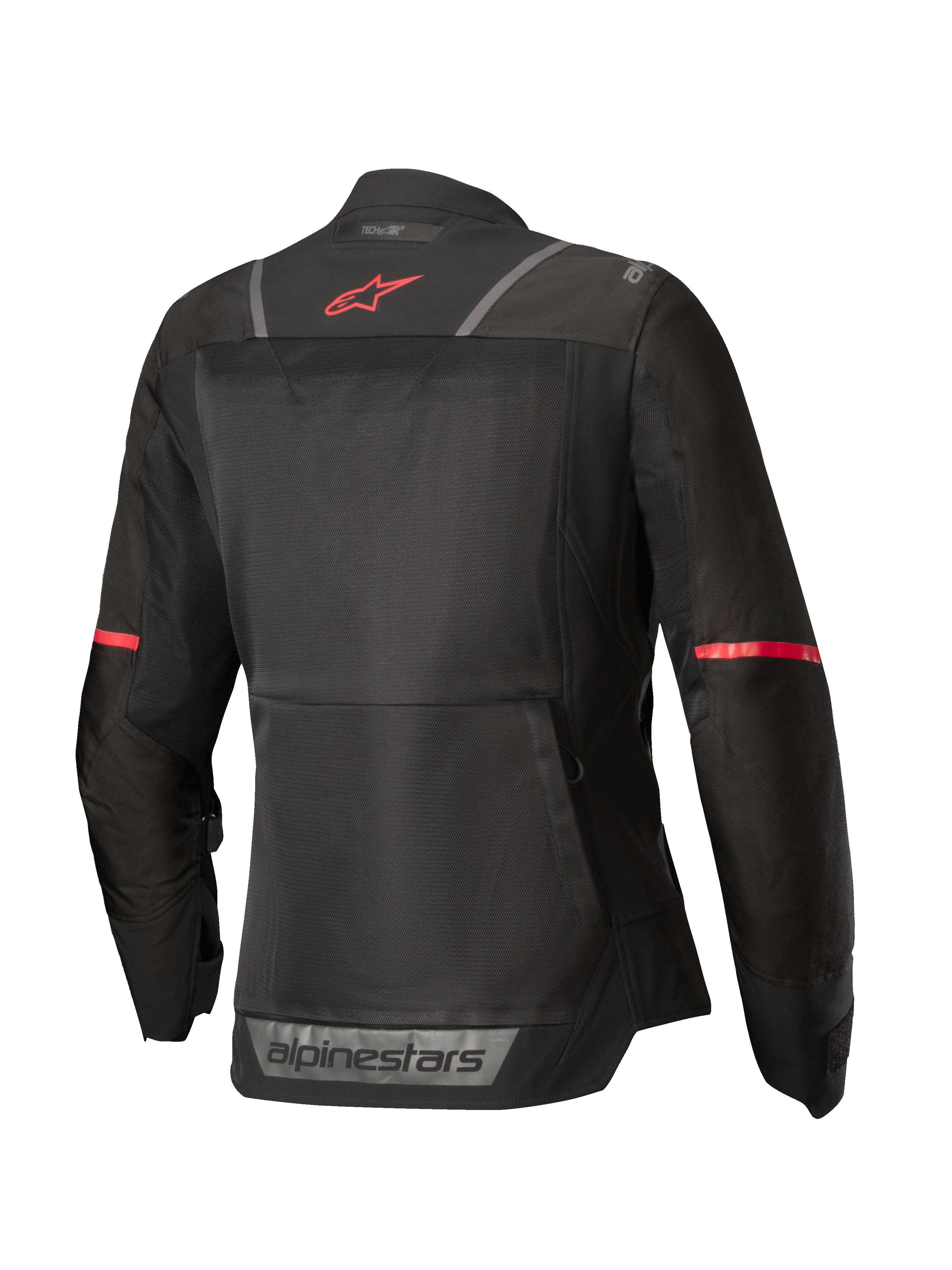 Alpinestars Kurtka Stella ST-2 Air, damska motocyklowa kurtka turystyczna, widok z tyłu w kolorze czarnym z czerwonymi akcentami i elementami odblaskowymi, konstrukcja z siateczki tekstylnej z certyfikatem CE poziomu AA