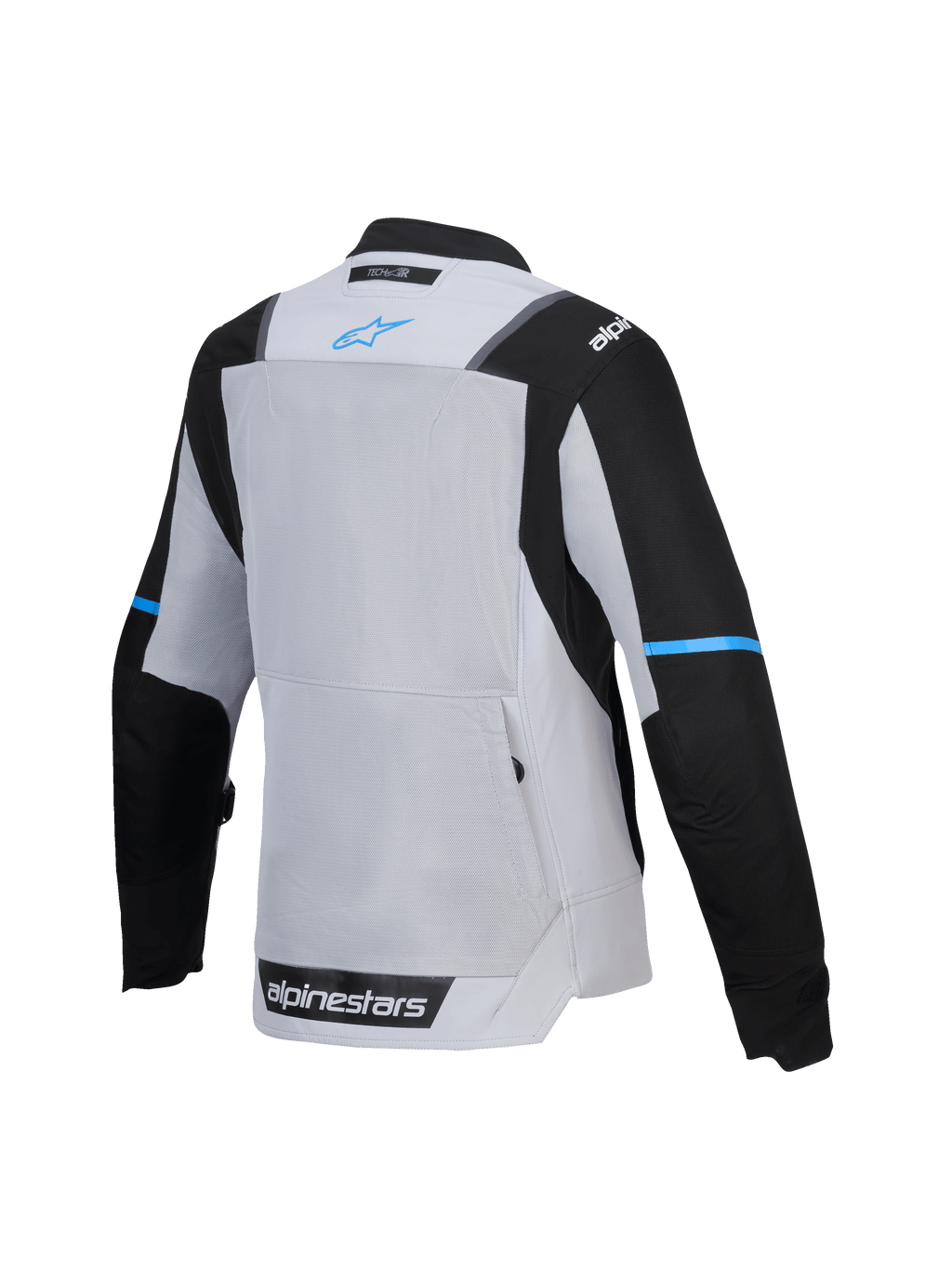 Alpinestars Stella ST-2 Air, damska turystyczna kurtka motocyklowa, widok z tyłu prezentujący duży panel wentylacyjny z siatki i kieszeń na plecach, szaro-czarna z niebieskimi detalami, certyfikat CE poziomu AA