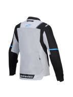 Alpinestars Stella ST-2 Air, damska turystyczna kurtka motocyklowa, widok z tyłu prezentujący duży panel wentylacyjny z siatki i kieszeń na plecach, szaro-czarna z niebieskimi detalami, certyfikat CE poziomu AA