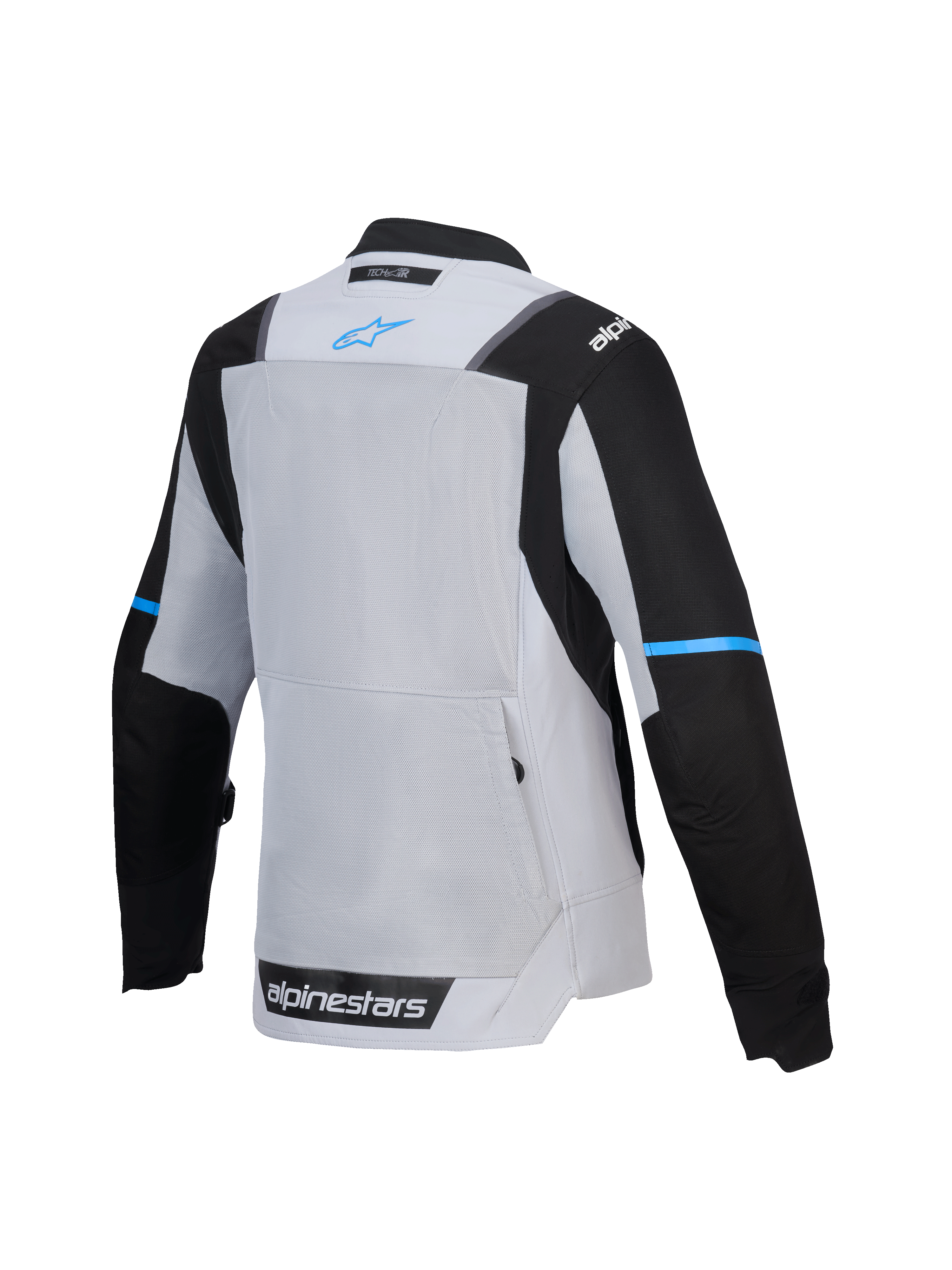 Alpinestars Stella ST-2 Air, damska turystyczna kurtka motocyklowa, widok z tyłu prezentujący duży panel wentylacyjny z siatki i kieszeń na plecach, szaro-czarna z niebieskimi detalami, certyfikat CE poziomu AA