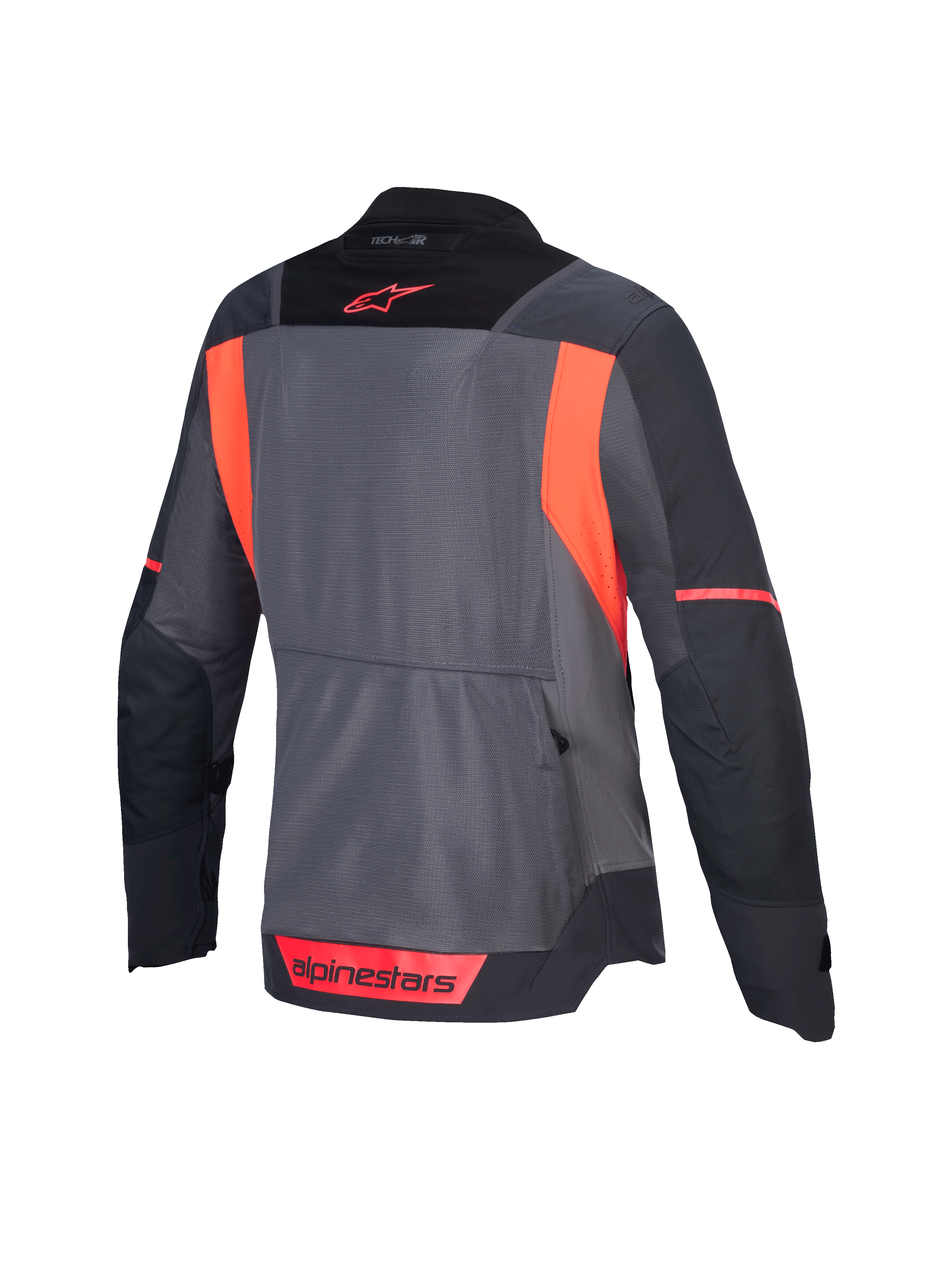 Alpinestars Kurtka Stella ST-2 Air, damska turystyczna kurtka motocyklowa, widok z tyłu w kolorach ciemnoszarym, jasnoszarym i fluo coral, z panelami wentylacyjnymi z siatki i certyfikatem CE poziomu AA