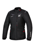 Honda Stella ST-1 WP Jacket, Women's Waterproof Touring Jacket, Black with red accents and white Honda logos, high collar, front zipper, expandable cargo pockets, durable textile adventure gear