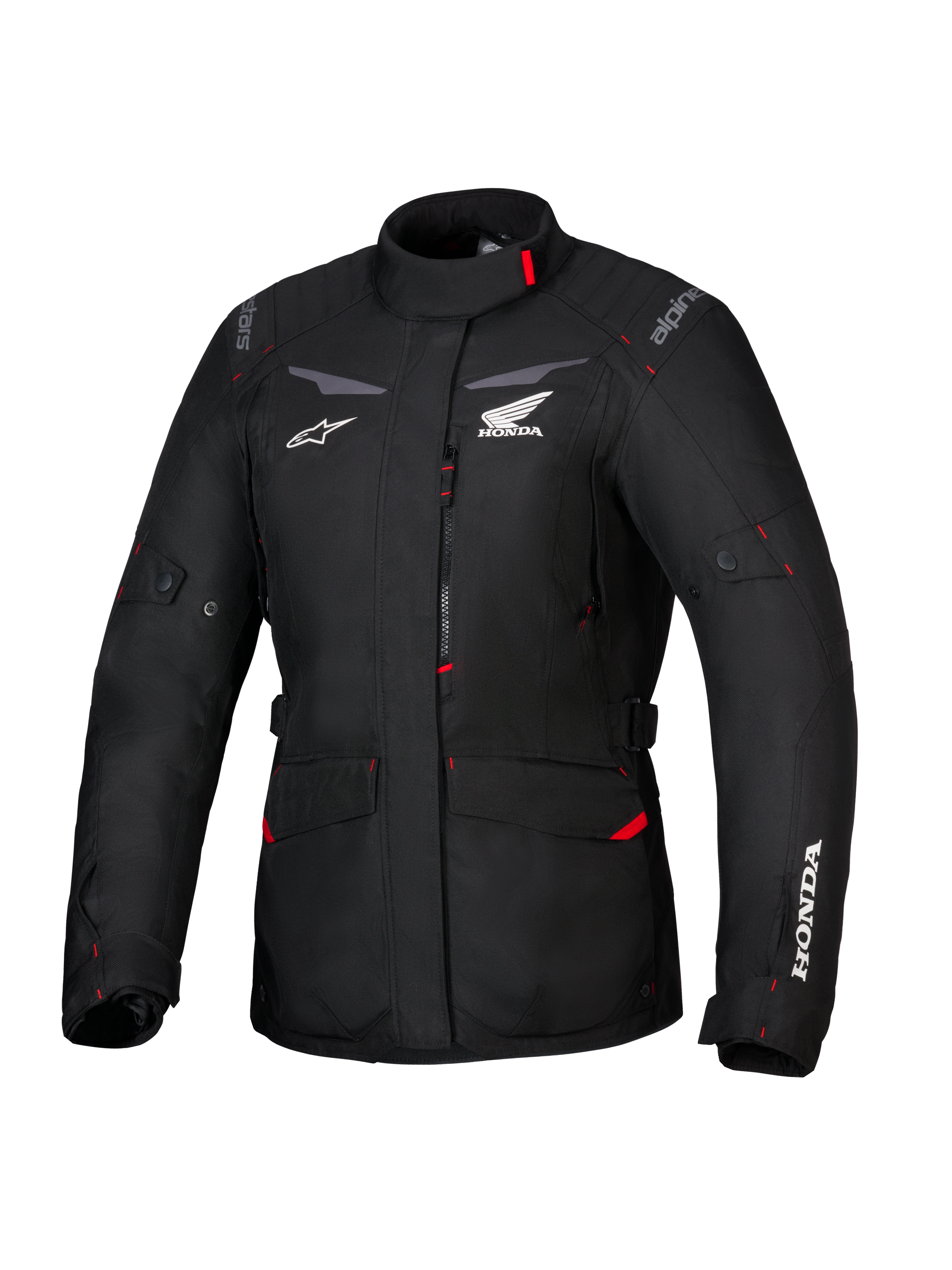 Honda Stella ST-1 WP Jacket, Women's Waterproof Touring Jacket, Black with red accents and white Honda logos, high collar, front zipper, expandable cargo pockets, durable textile adventure gear