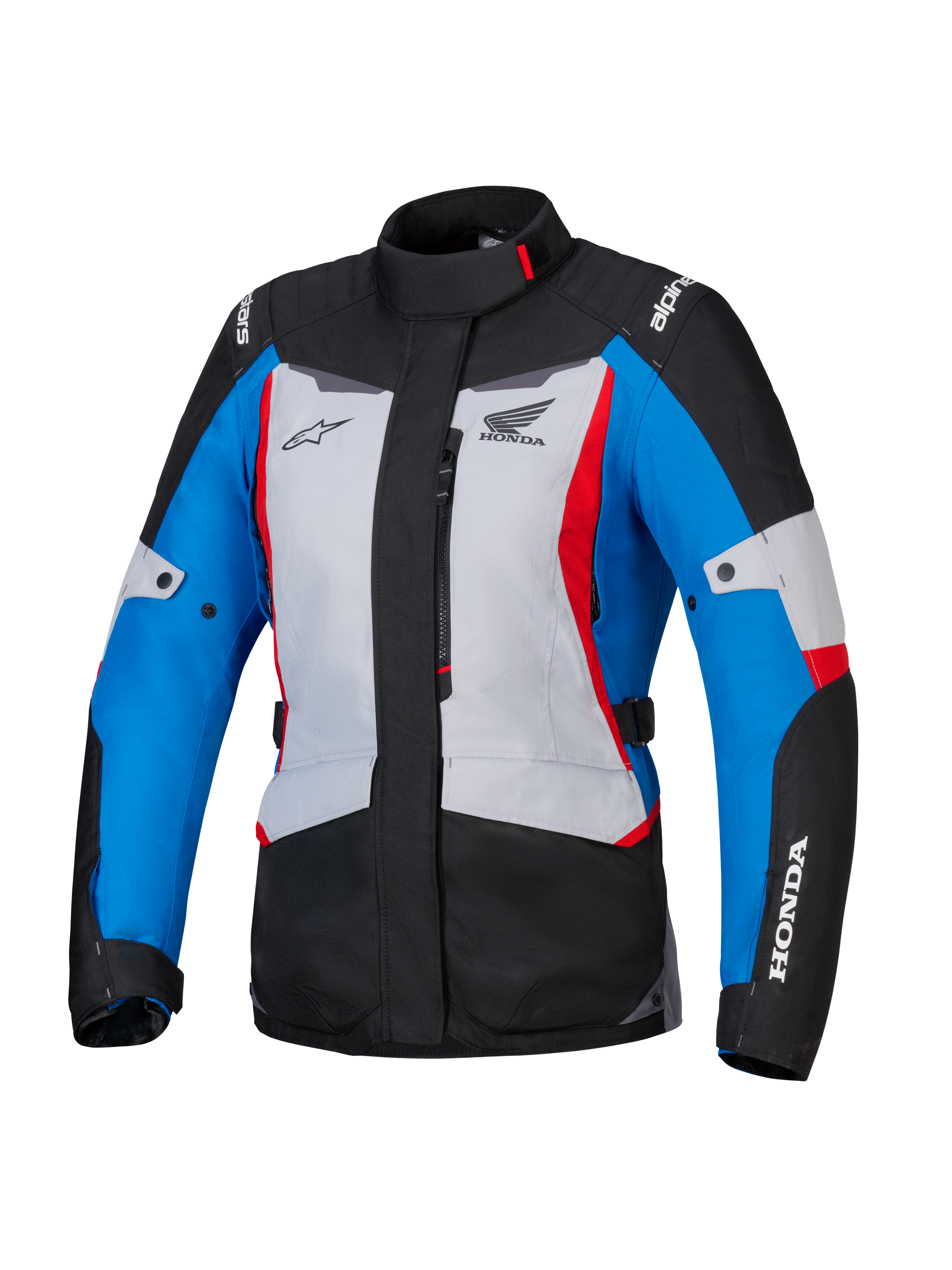 Alpinestars Honda Woman Stella ST-1 WP Jacket, Women's Waterproof Motorcycle Jacket, Ice Gray Blue and Black with Red accents, high collar and front zipper, Honda and Alpinestars logos on chest and sleeves, durable adventure touring textile jacket