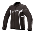 Alpinestars Stella T-Kira V2 Waterproof Jacket, damska tekstylna kurtka motocyklowa, czarno-biała, z wysokim kołnierzem, centralnym zamkiem błyskawicznym, białym logo na klatce piersiowej i zakrzywionymi białymi paskami po bokach, sportowy design do jazdy szosowej.