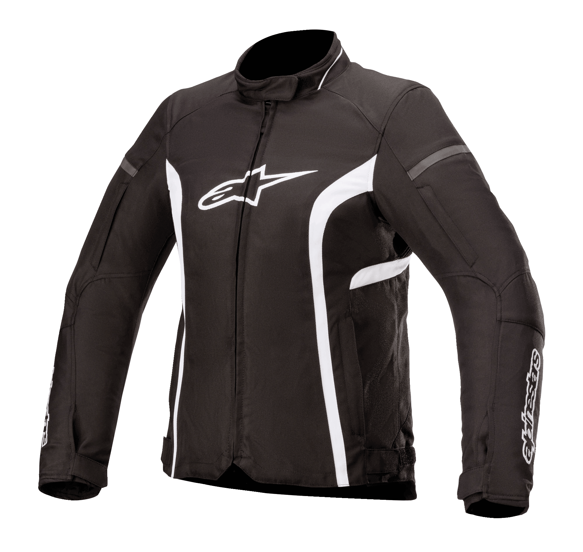 Alpinestars Stella T-Kira V2 Waterproof Jacket, damska tekstylna kurtka motocyklowa, czarno-biała, z wysokim kołnierzem, centralnym zamkiem błyskawicznym, białym logo na klatce piersiowej i zakrzywionymi białymi paskami po bokach, sportowy design do jazdy szosowej.