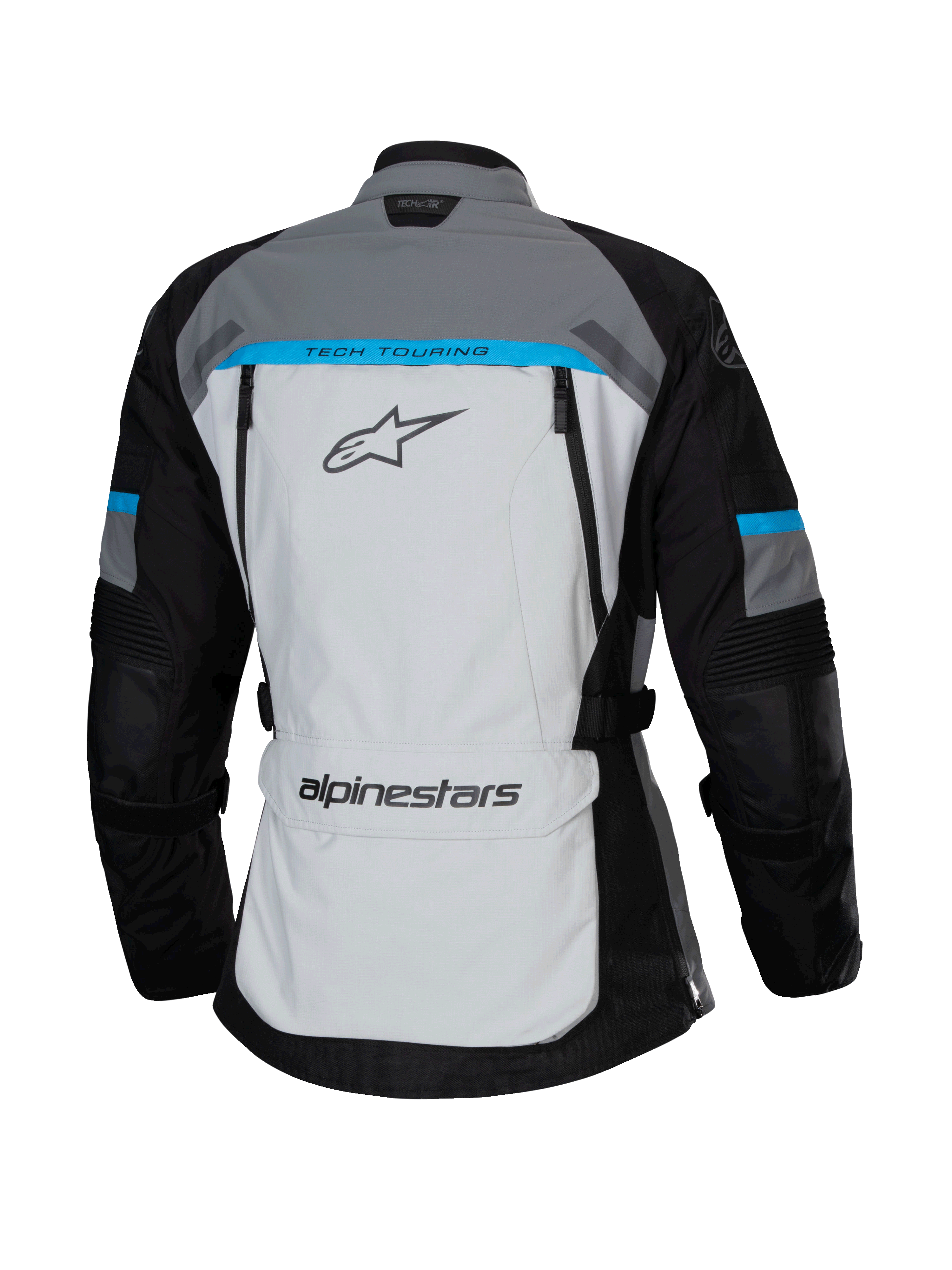 Alpinestars Stella Bogotá Pro Drystar® Jacket, Ice Gray, Black and Cyan, back view featuring a large light gray panel with 'TECH TOURING' branding, black sleeves with cyan accents, and lower back storage pocket.