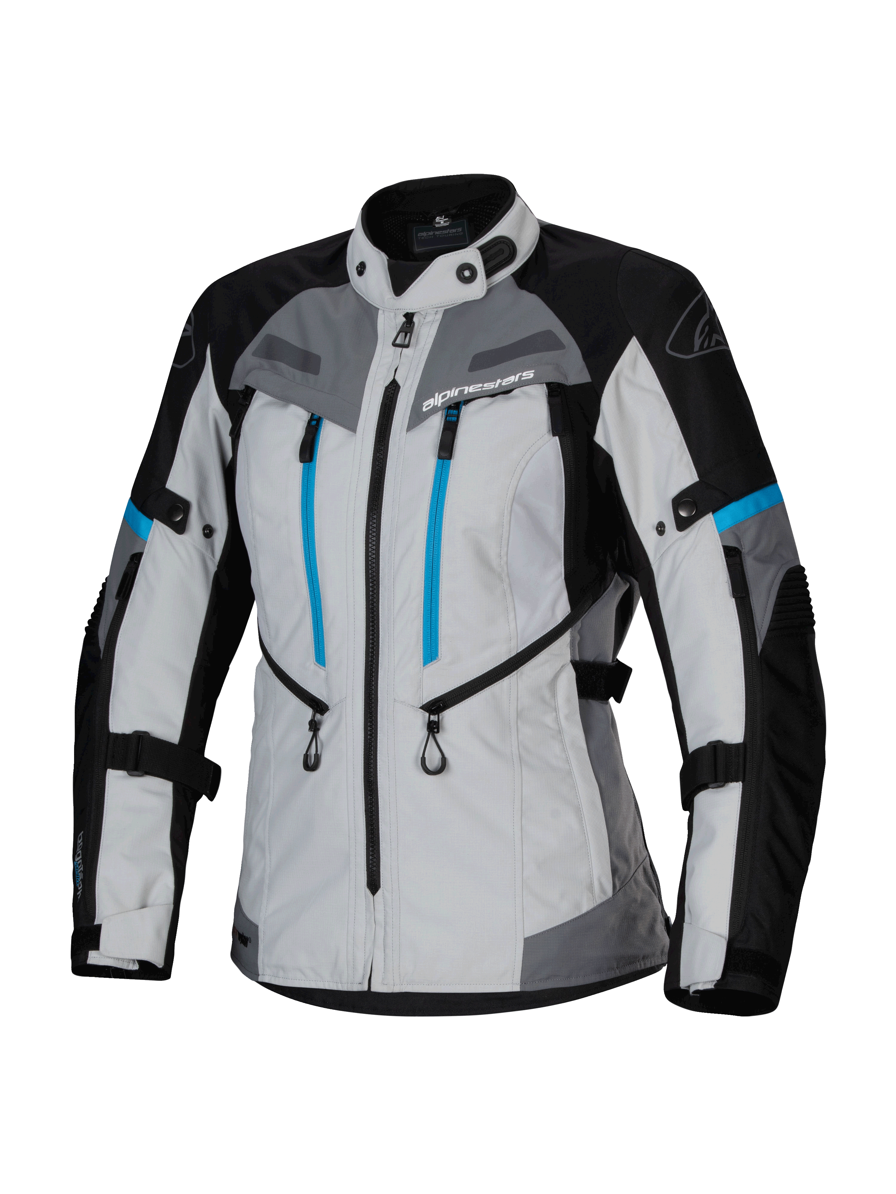 Alpinestars Stella Bogota' Pro Drystar® Jacket, Women's Adventure Touring Jacket, Ice Gray Black and Cyan, featuring waterproof Drystar® membrane, dual vertical blue chest zippers, adjustable arm and waist straps, and reinforced protective panels