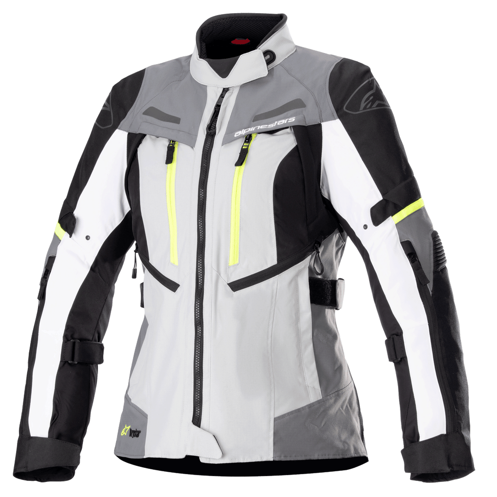 Alpinestars Women Stella Bogota Pro Drystar Jacket, Motorcycle Touring Jacket, Ice Gray and Dark Gray with White and Neon Yellow accents, waterproof textile construction with adjustable straps and ventilation zippers, front view on white background