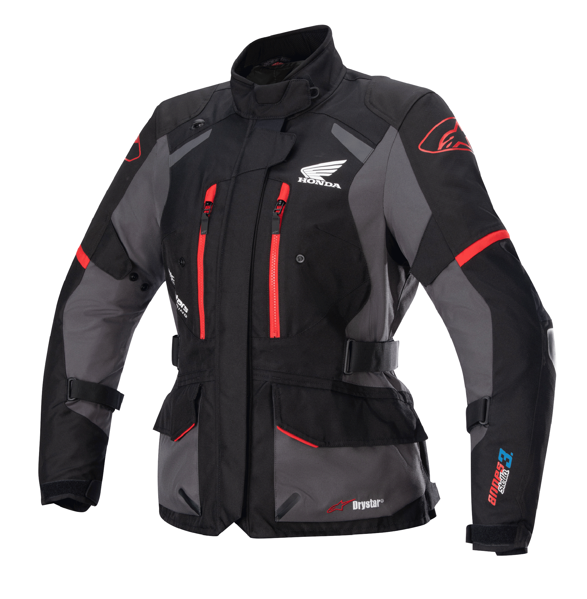 Damska kurtka motocyklowa turystyczna Alpinestars Stella Honda Andes V3 Drystar, czarno-szara z jaskrawoczerwonymi akcentami, z logo Honda Wing na klatce piersiowej, czerwonymi zamkami, regulowanymi paskami w talii i na rękawach oraz trwałą wodoodporną konstrukcją