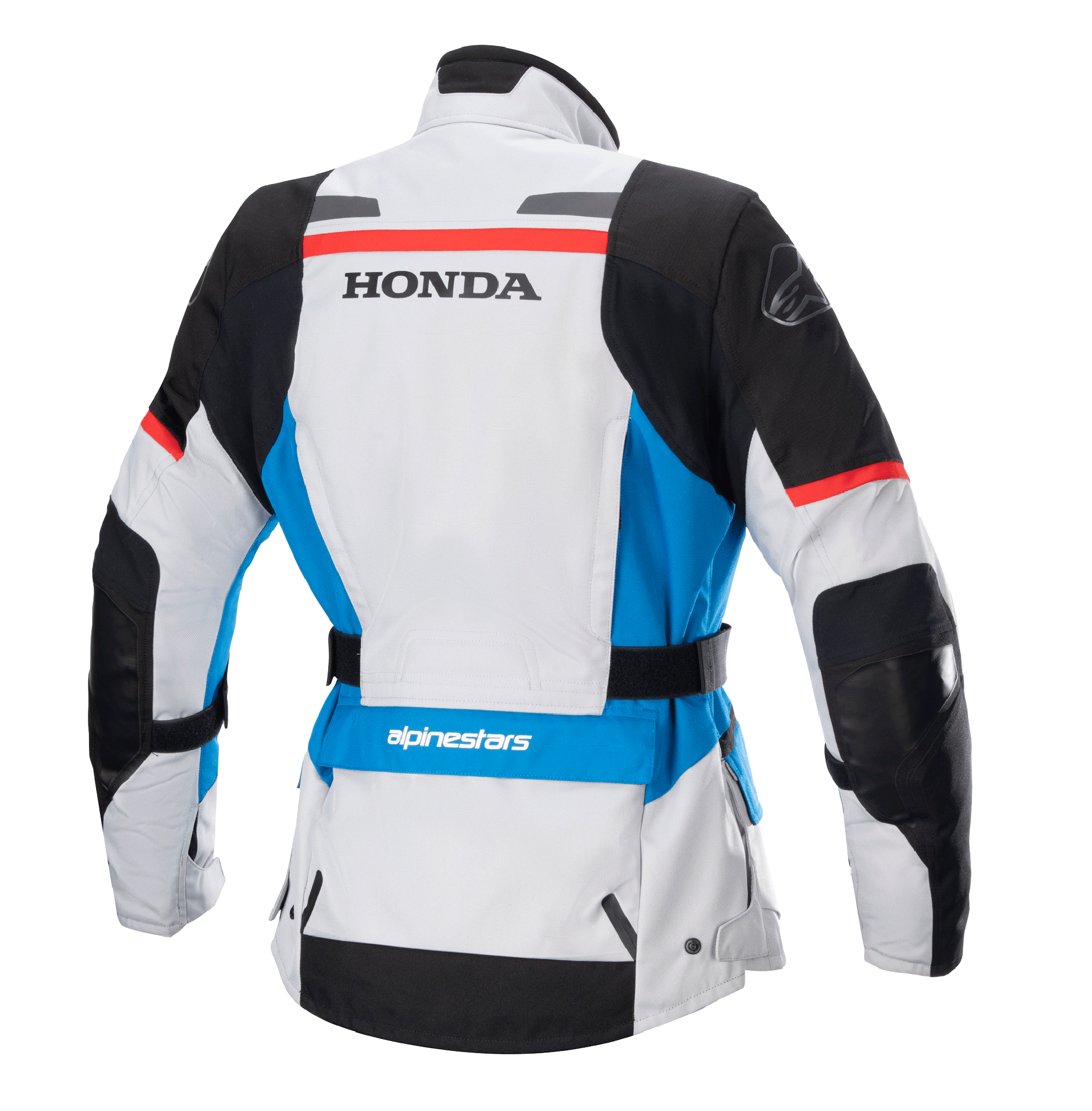 Damska kurtka Alpinestars Stella Honda Andes V3 Drystar®, widok z tyłu, kolor lodowo-szary z niebieskimi i jaskrawoczerwonymi akcentami, wyraźne czarne logo HONDA na plecach, logo Alpinestars na ramieniu i w dolnej części pleców, regulowany pas w talii, tekstylna motocyklowa kurtka turystyczna adventure