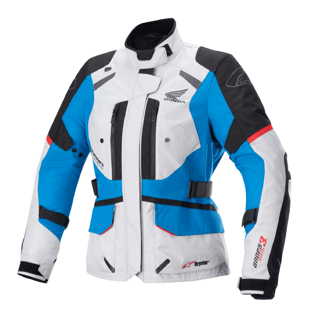 Alpinestars Stella Honda Andes V3 Drystar, damska kurtka motocyklowa turystyczna, jasnoszara z niebieskimi i jaskrawoczerwonymi akcentami, wodoodporna konstrukcja tekstylna z logo Honda, otwory wentylacyjne na zamek i regulowane paski w talii