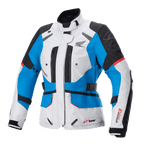 Alpinestars Stella Honda Andes V3 Drystar, damska kurtka motocyklowa turystyczna, jasnoszara z niebieskimi i jaskrawoczerwonymi akcentami, wodoodporna konstrukcja tekstylna z logo Honda, otwory wentylacyjne na zamek i regulowane paski w talii