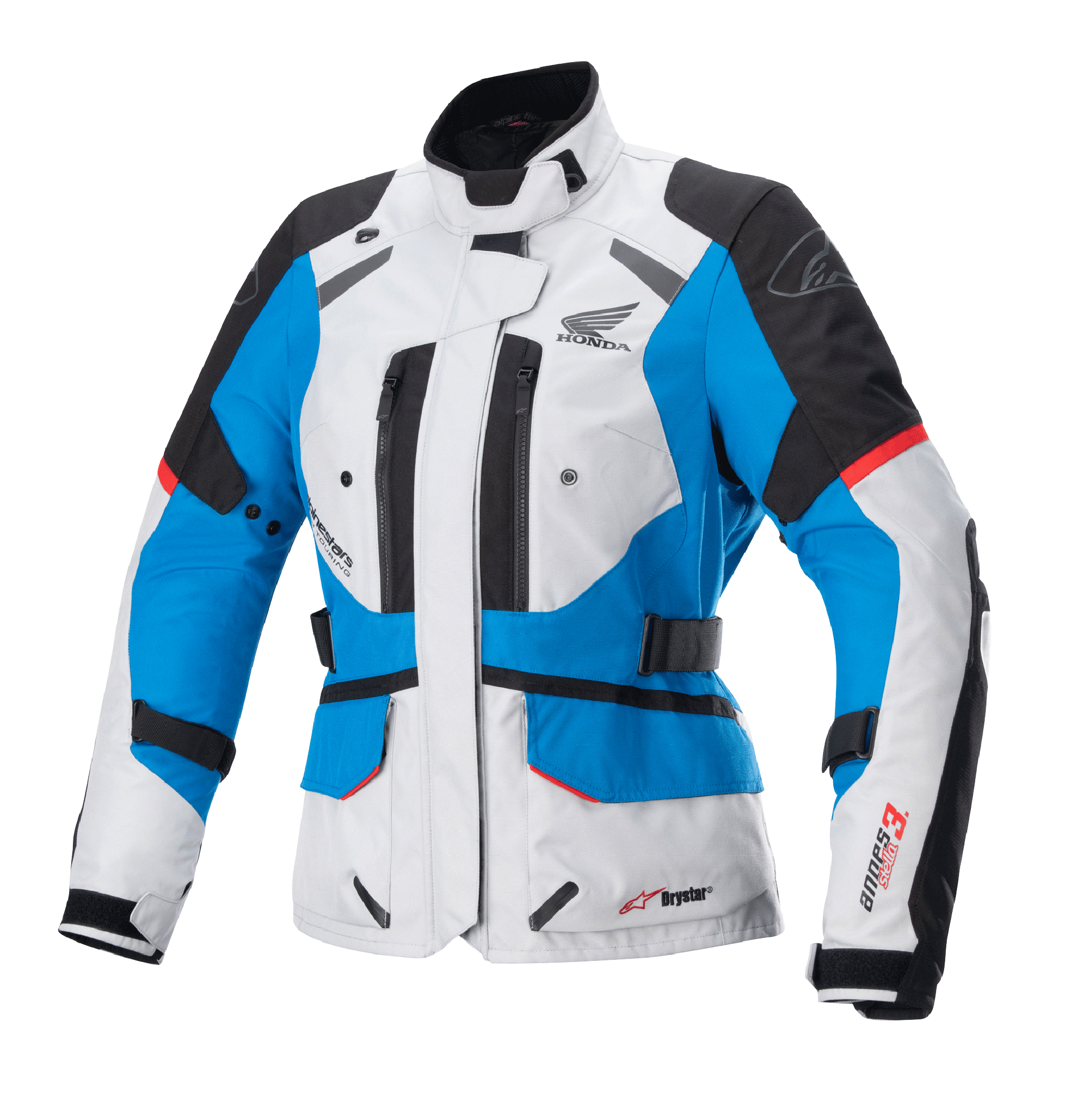 Alpinestars Stella Honda Andes V3 Drystar, damska kurtka motocyklowa turystyczna, jasnoszara z niebieskimi i jaskrawoczerwonymi akcentami, wodoodporna konstrukcja tekstylna z logo Honda, otwory wentylacyjne na zamek i regulowane paski w talii