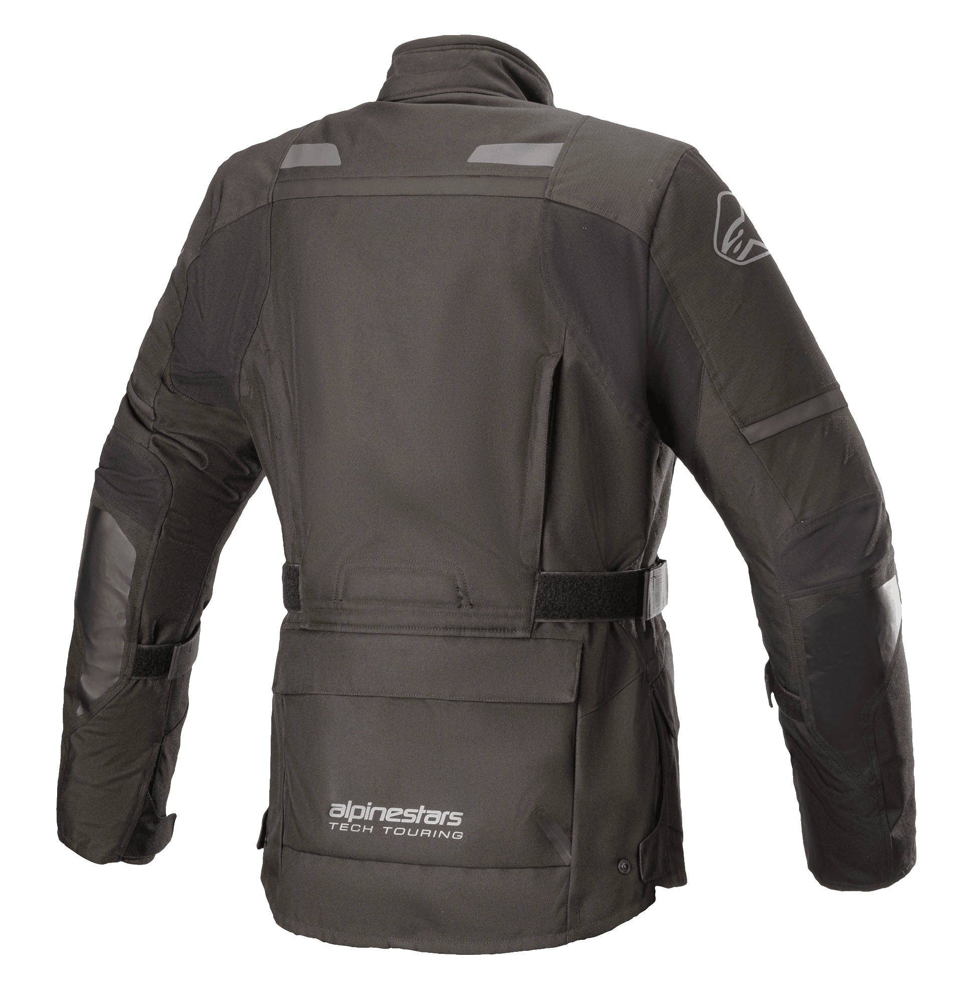 Kurtka damska Alpinestars Stella Andes V3 Drystar®, czarna i ciemnoszara, widok z tyłu przedstawiający wodoodporną konstrukcję tekstylną, dużą kieszeń w dolnej części pleców, regulowany pasek w talii oraz odblaskowe elementy bezpieczeństwa.