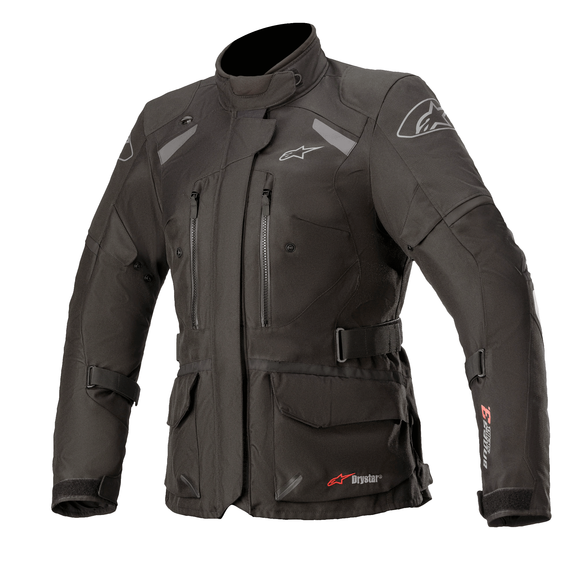 Alpinestars Stella Andes V3 Drystar Jacket, damska kurtka motocyklowa turystyczna, czarna i ciemnoszara, wodoodporna konstrukcja tekstylna, z wieloma kieszeniami cargo i piersiowymi, regulowanym pasem w talii, wysokim kołnierzem oraz odblaskowymi elementami dla ochrony w każdych warunkach pogodowych