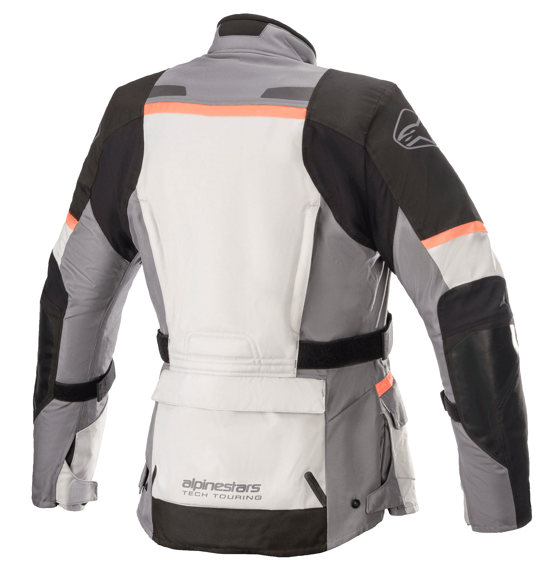 Alpinestars Stella Andes V3 Drystar® Jacket, damska kurtka motocyklowa, kolor lodowy szary, ciemnoszary, czarny i koralowy, widok z tyłu z dużą kieszenią na dole pleców, regulowanym pasem w talii i koralowymi akcentami na ramionach i plecach.