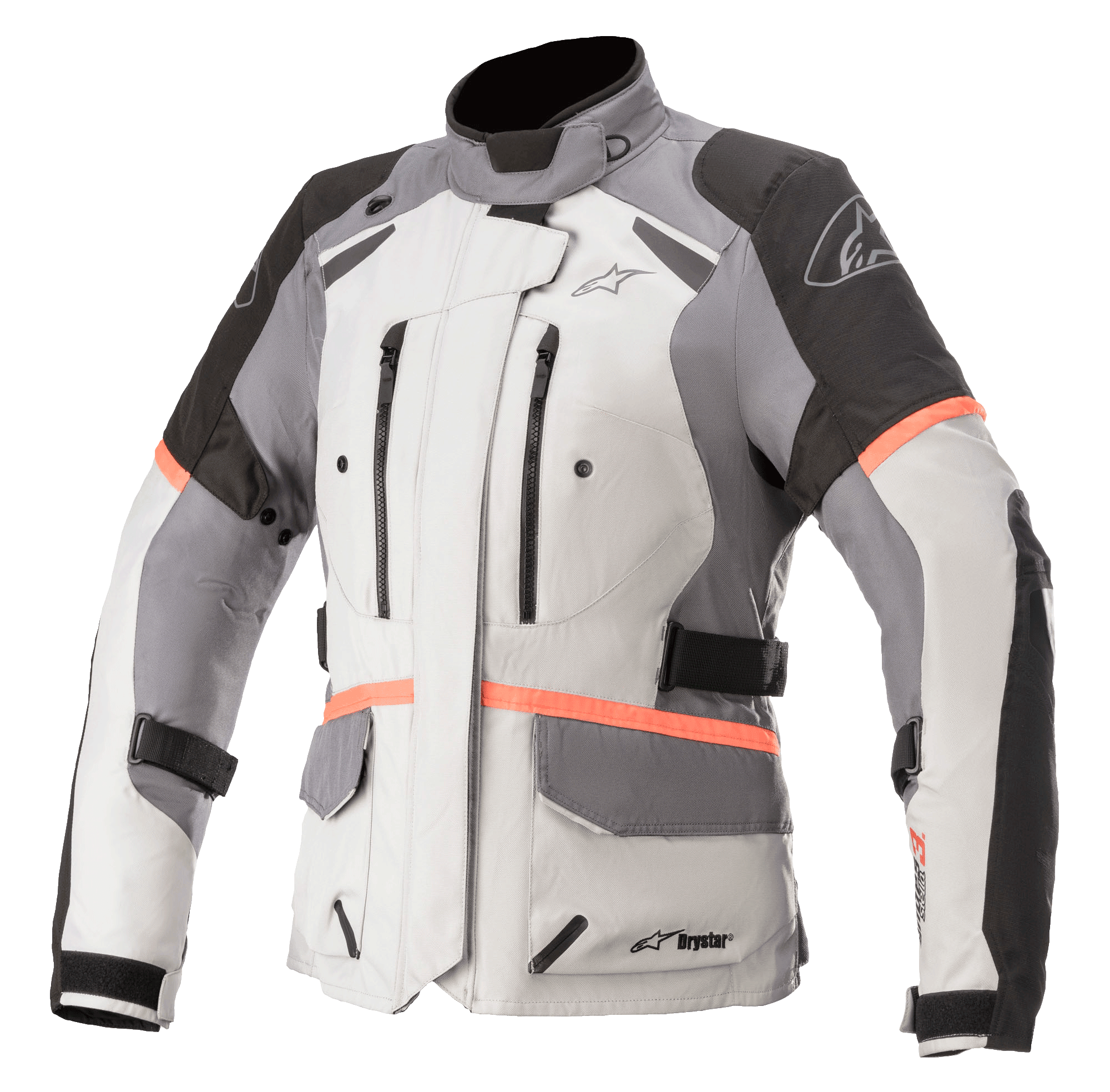 Alpinestars Stella Andes V3 Drystar, damska kurtka motocyklowa turystyczna, jasnoszara z ciemnoszarymi i czarnymi panelami oraz jaskrawymi koralowymi akcentami, wyposażona w otwory wentylacyjne na klatce piersiowej, duże kieszenie z klapkami i regulację w talii, techniczna konstrukcja tekstylna do jazdy adventure w każdych warunkach