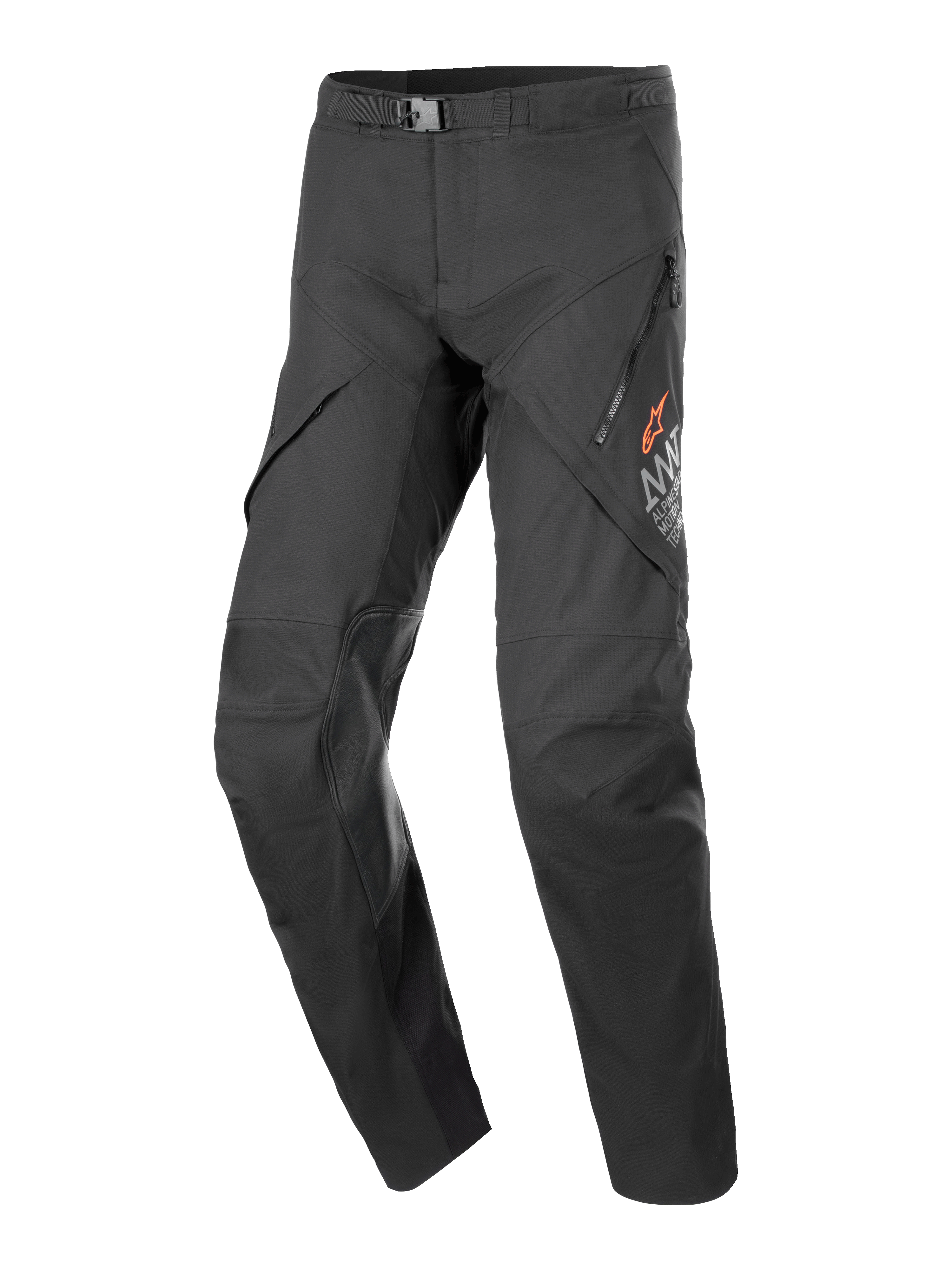 Alpinestars AMT-8 Stretch Drystar XF Pants, czarne spodnie motocyklowe turystyczne, zapinane na zamek otwory wentylacyjne na udach, pomarańczowe logo gwiazdy, regulowana klamra w pasie, wzmocnione panele na kolanach, wytrzymały i elastyczny materiał