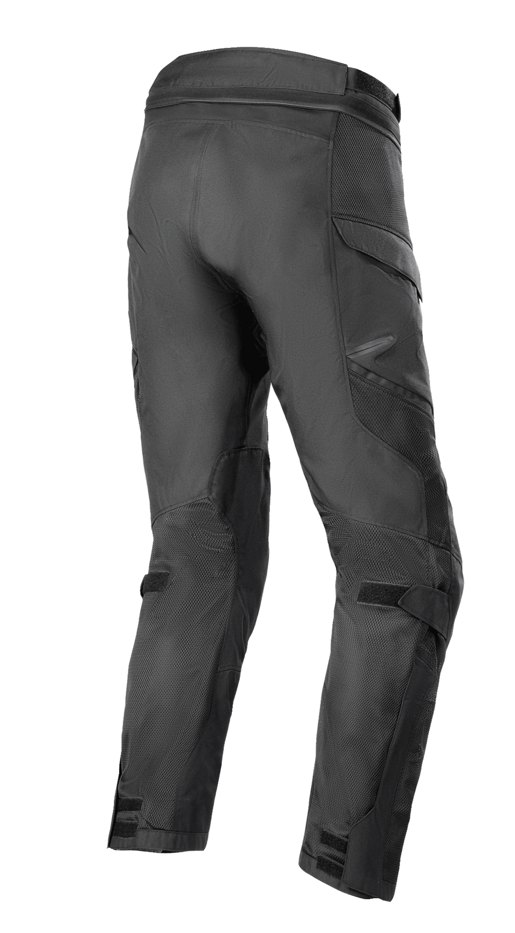 Alpinestars Andes Air Drystar® Pant - Short Length, spodnie turystyczne adventure, czarne, widok z tyłu z boku pokazujący obszerne panele z siatki 2D zapewniające przepływ powietrza, wstępnie zakrzywiona konstrukcja nogawek oraz regulowane paski na kolanach i kostkach