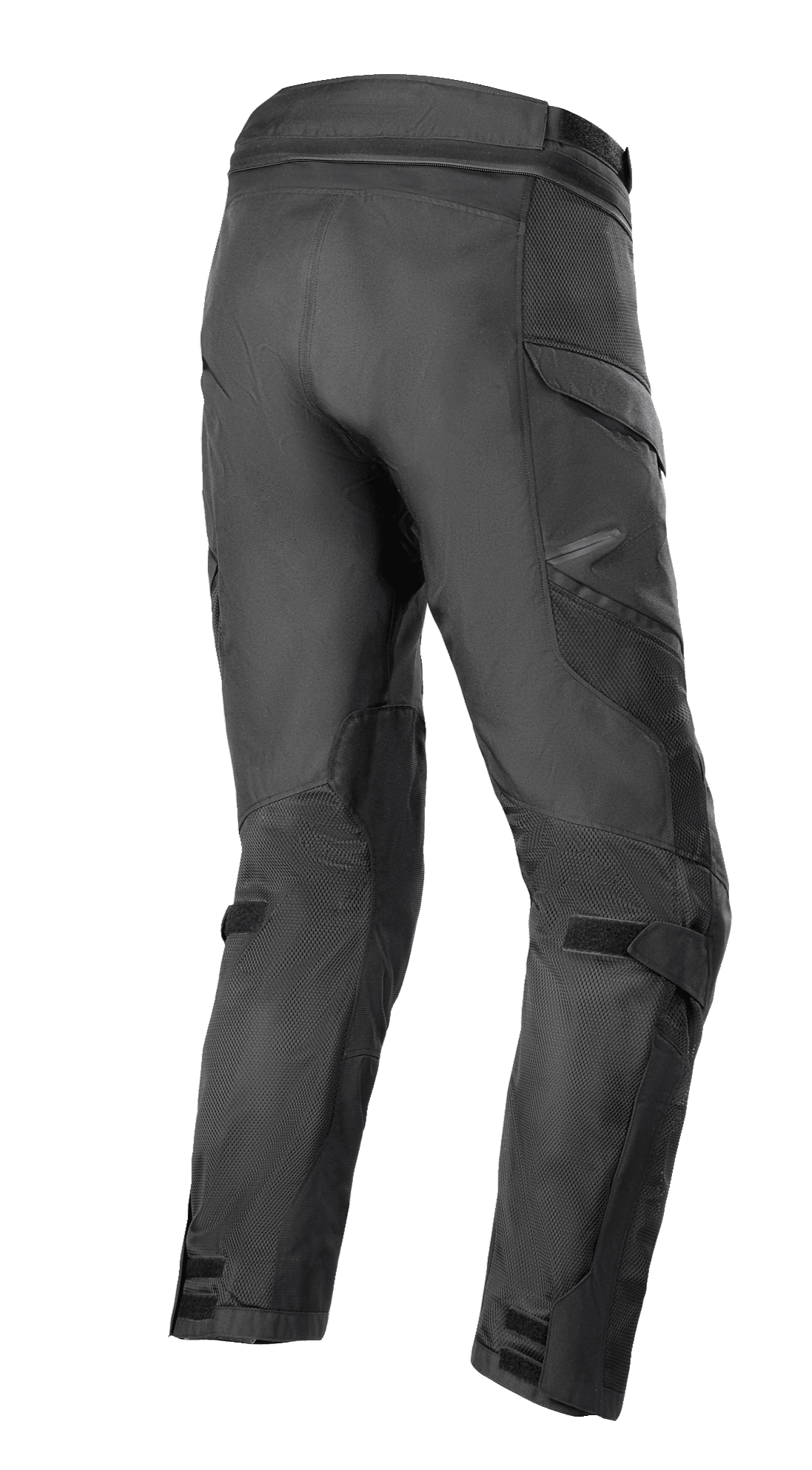 Alpinestars Andes Air Drystar® Pant - Short Length, spodnie turystyczne adventure, czarne, widok z tyłu z boku pokazujący obszerne panele z siatki 2D zapewniające przepływ powietrza, wstępnie zakrzywiona konstrukcja nogawek oraz regulowane paski na kolanach i kostkach