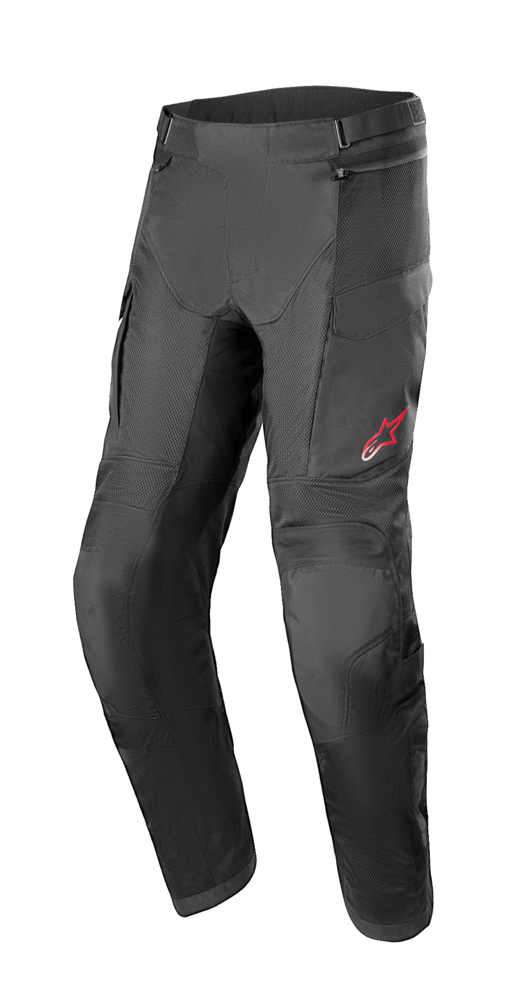 Alpinestars Andes Air Drystar Pant - Short Length, czarne spodnie motocyklowe turystyczne, panele wentylacyjne z siatki, wzmocniona ochrona kolan, kieszenie cargo, małe czerwone logo na lewym udzie, regulowane paski w talii