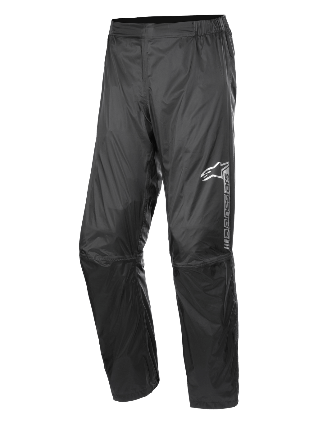 Alpinestars Hurricane Rain V2 Pant, wodoodporne spodnie motocyklowe przeciwdeszczowe, czarne, odblaskowe logo na lewym udzie, elastyczny pas, ergonomiczna konstrukcja kolan, połyskująca wiatroszczelna laminowana tkanina, do jazdy szosowej i adventure