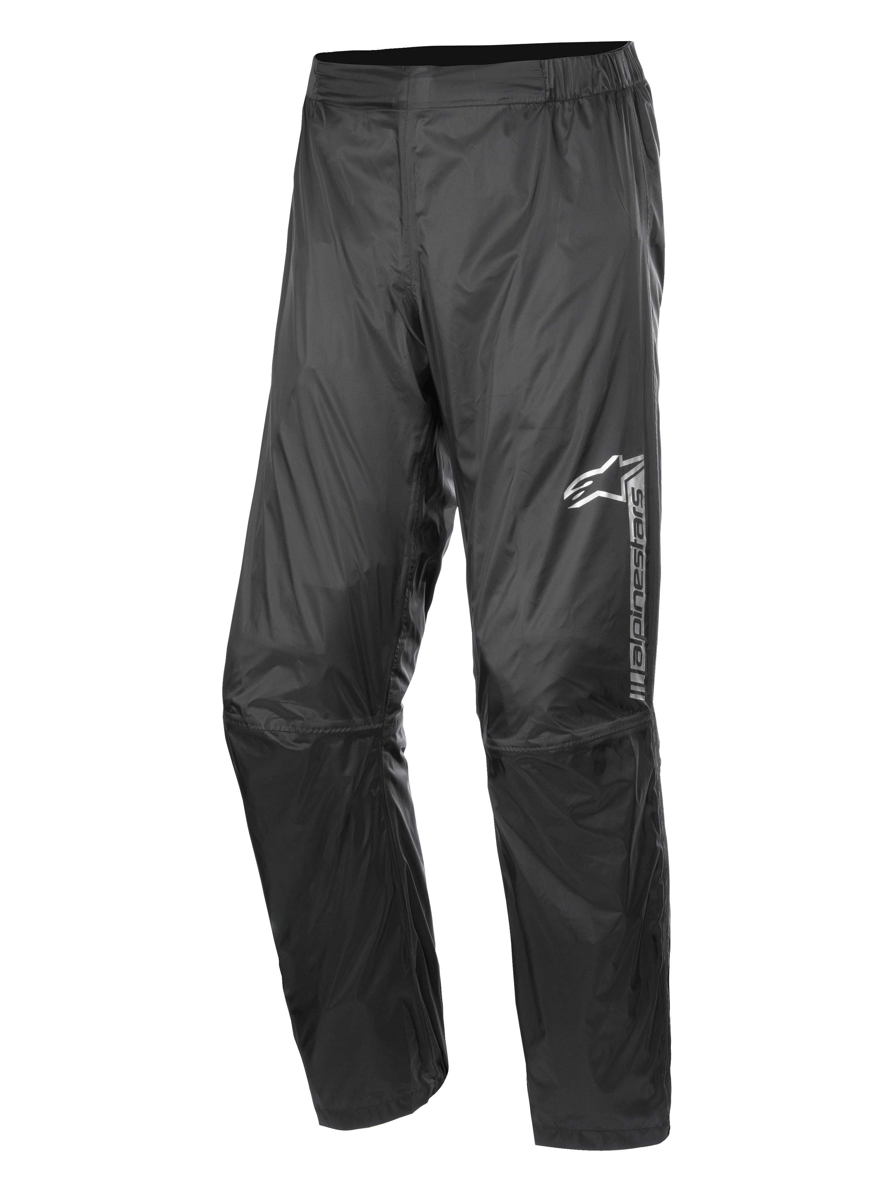 Alpinestars Hurricane Rain V2 Pant, wodoodporne spodnie motocyklowe przeciwdeszczowe, czarne, odblaskowe logo na lewym udzie, elastyczny pas, ergonomiczna konstrukcja kolan, połyskująca wiatroszczelna laminowana tkanina, do jazdy szosowej i adventure