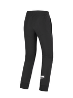 Alpinestars Aeroshell Pants, spodnie motocyklowe, czarne, widok z tyłu z białym logo Astars na dole nogawki, wykonane z elastycznej tkaniny softshell, profilowane kolana i elastyczne mankiety