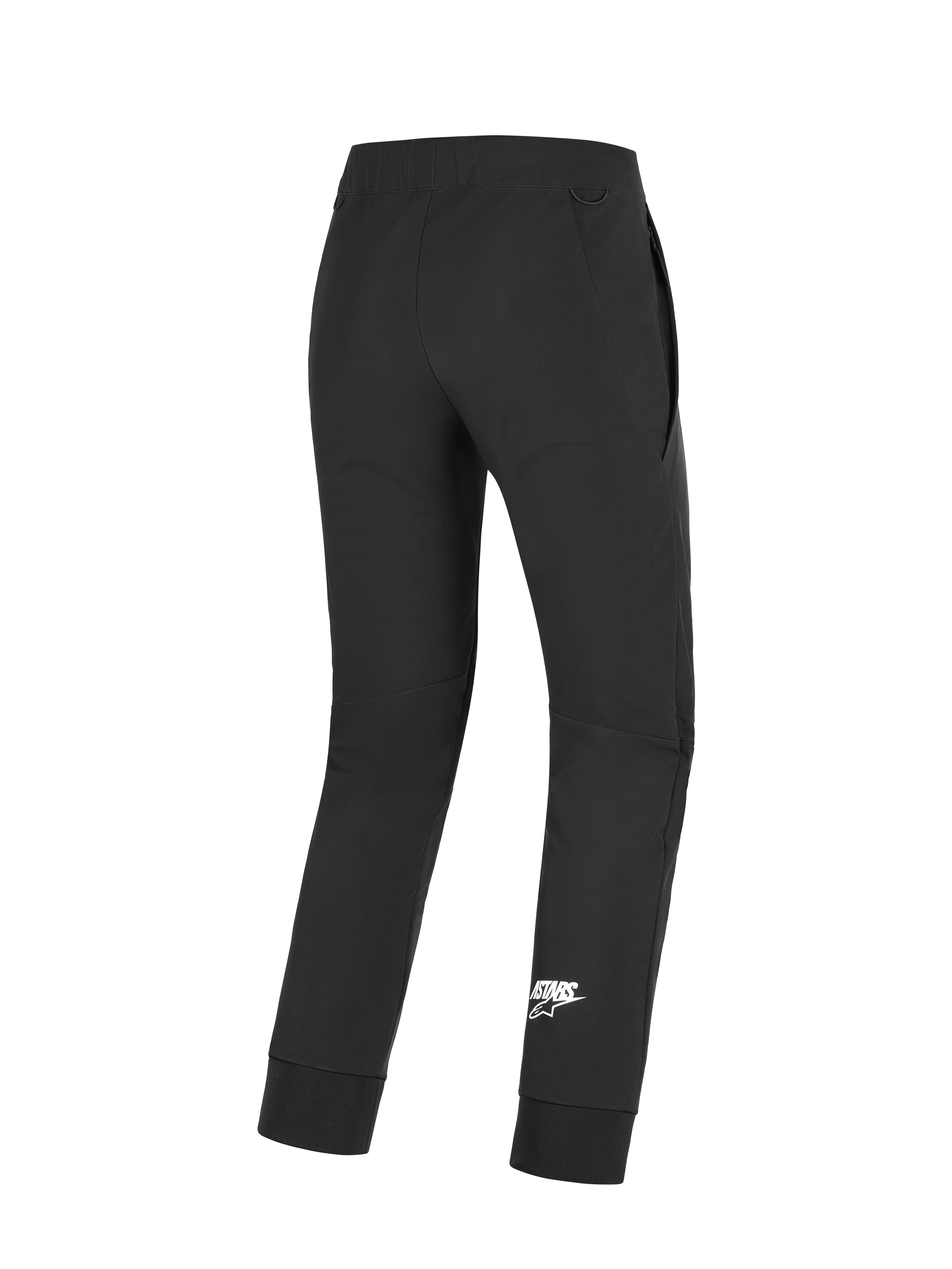 Alpinestars Aeroshell Pants, spodnie motocyklowe, czarne, widok z tyłu z białym logo Astars na dole nogawki, wykonane z elastycznej tkaniny softshell, profilowane kolana i elastyczne mankiety
