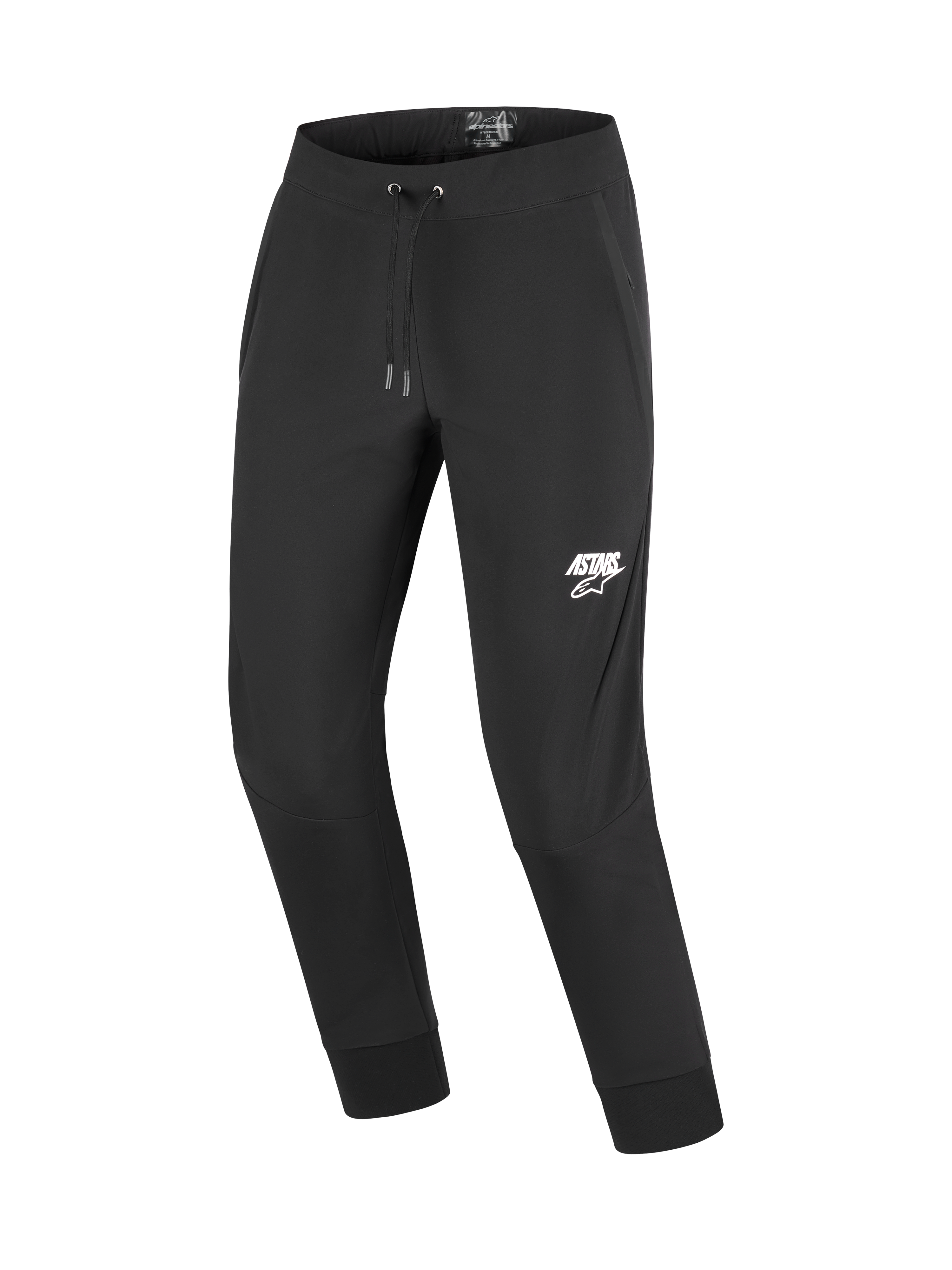 Spodnie Alpinestars Aeroshell, motocyklowe spodnie softshellowe, czarne z białym logo ASTARS na lewym udzie, elastyczny pas ze sznurkiem i ściągacze na kostkach, zaprojektowane dla motocyklistów miejskich i turystycznych