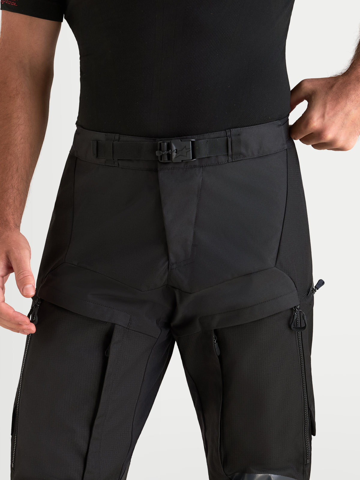 Alpinestars Harok V2 Drystar Pants, Men's Black Adventure Motorcycle Pants, featuring an adjustable belt with magnetic buckle and direct thigh ventilation system
