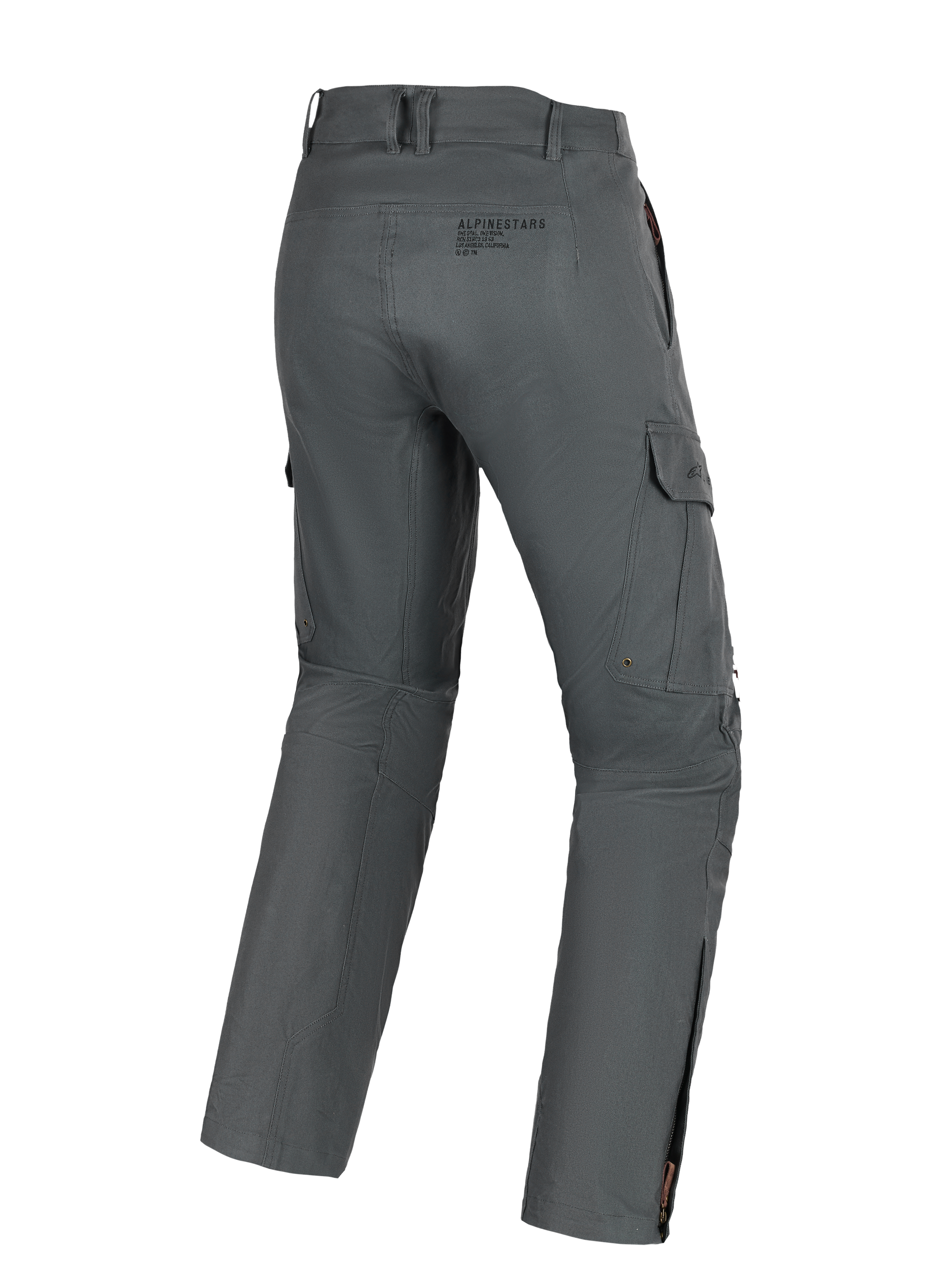 Alpinestars Borrego Drystar® Pants, przygodowe spodnie motocyklowe, antracytowe, widok z tyłu z widocznymi kieszeniami cargo, logo i zamkami na łydkach, wytrzymały materiał o wyglądzie woskowanego płótna