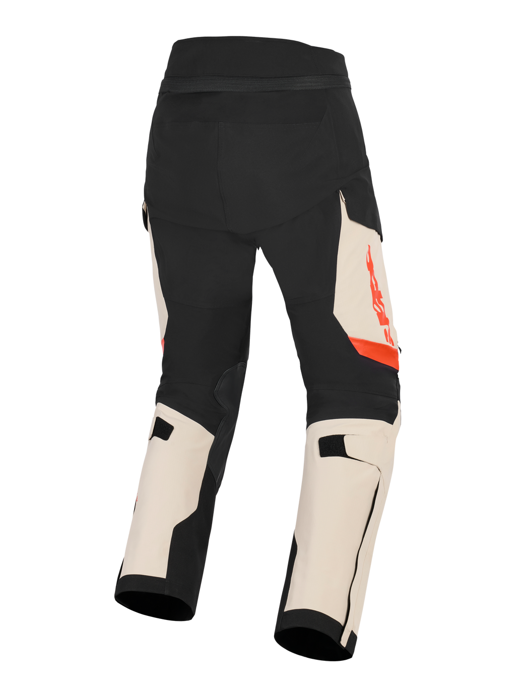Spodnie Halo Pro Drystar® XF Laminowane Alpinestars, męskie spodnie motocyklowe adventure, czarne i beżowe z czerwonymi akcentami, widok z tyłu przedstawiający konstrukcję z elastycznego materiału ripstop