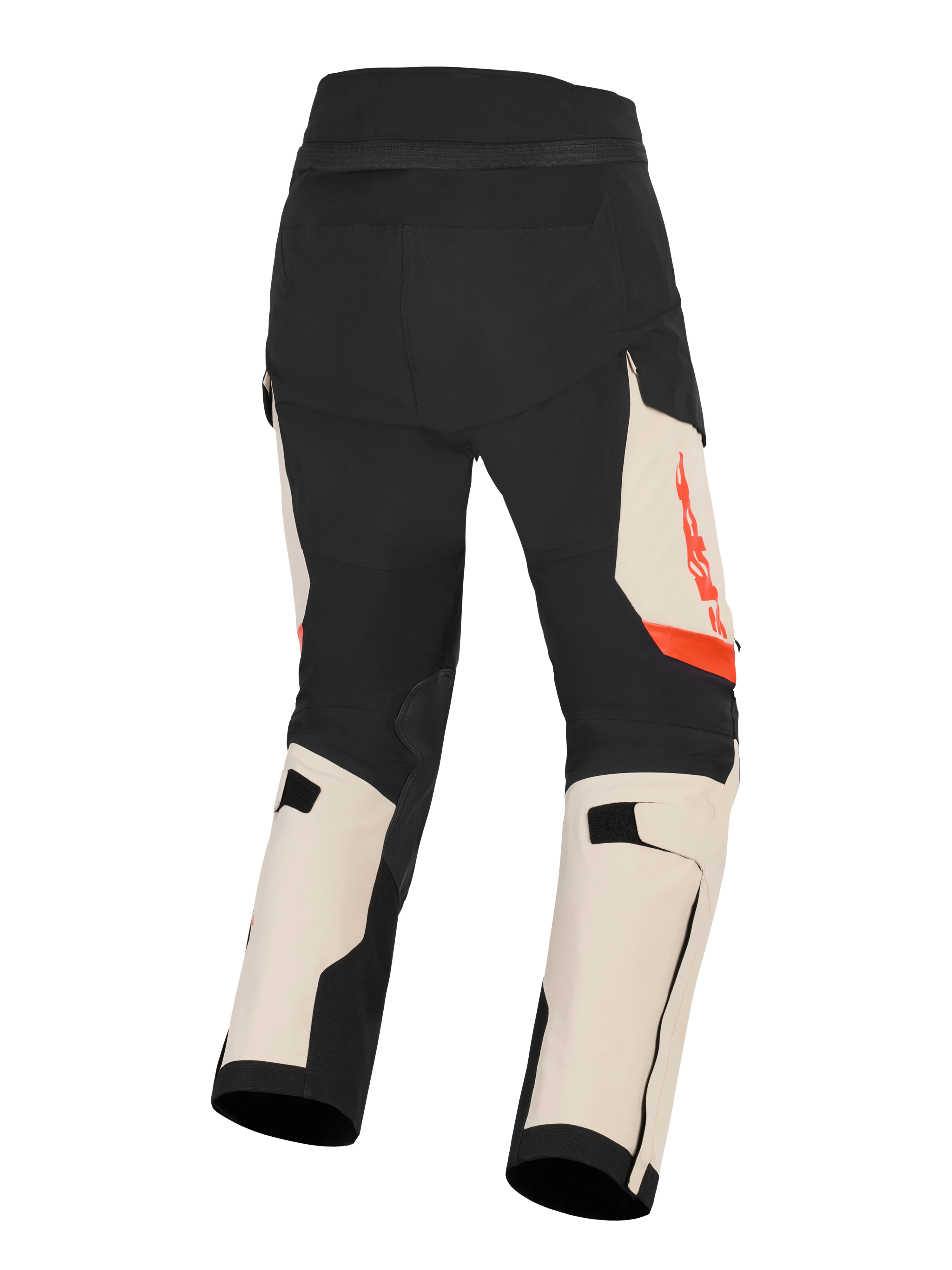 Spodnie Halo Pro Drystar® XF Laminowane Alpinestars, męskie spodnie motocyklowe adventure, czarne i beżowe z czerwonymi akcentami, widok z tyłu przedstawiający konstrukcję z elastycznego materiału ripstop