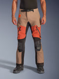 Alpinestars Halo Pro Drystar XF Laminated Pants, Adventure Motorcycle Touring Pants, Walnut, Rust, and Black, featuring waterproof laminated construction, front-facing view with orange thigh vents, black YKK AQUASEAL zippers, and adjustable waist belt.