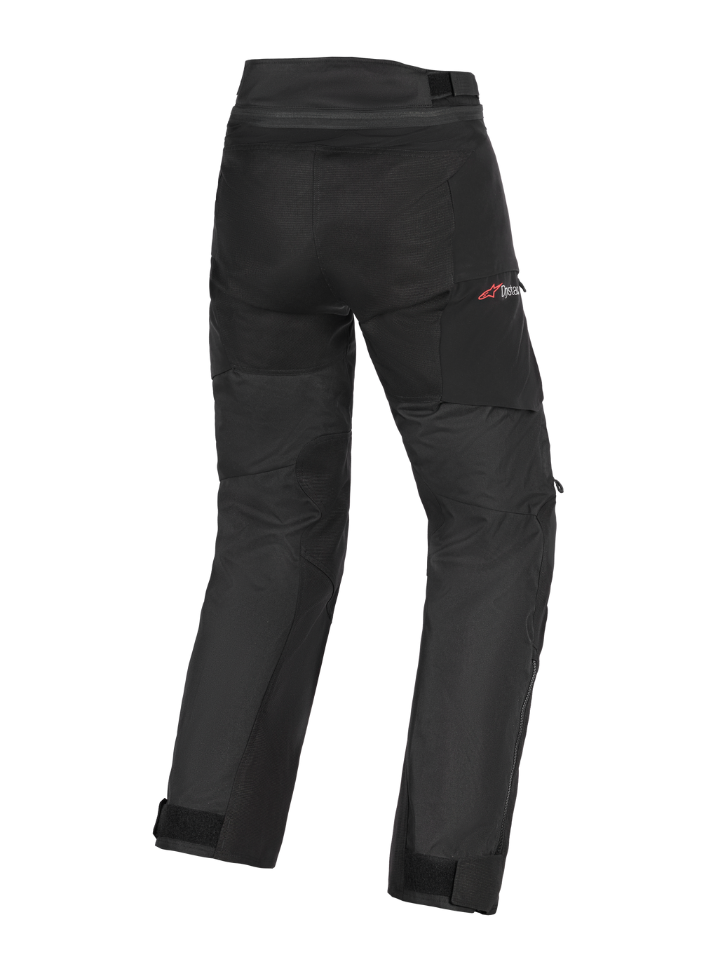 Alpinestars Andes V4 Drystar® Pants - Short, spodnie motocyklowe, czarne, widok z tyłu przedstawiający wzmocnione panele na siedzeniu i nogawkach, czerwone logo Drystar na biodrze, regulowane paski w pasie i przy kostkach, wytrzymała tekstylna konstrukcja do turystyki adventure