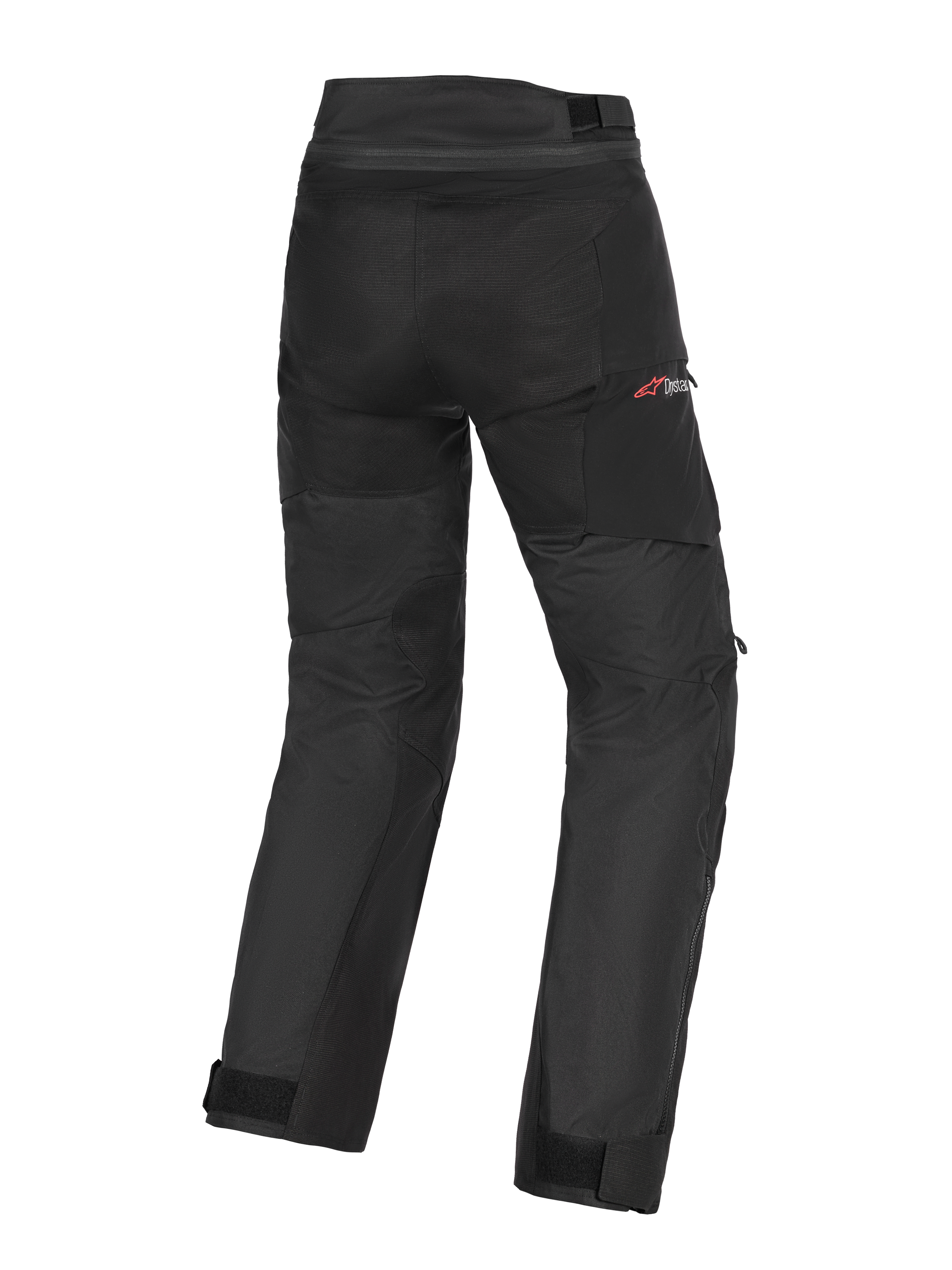 Alpinestars Andes V4 Drystar® Pants - Long, czarne motocyklowe spodnie adventure-touring, widok z tyłu, wytrzymała tekstylna konstrukcja, regulowane paski przy kostkach, subtelne czerwone logo Drystar