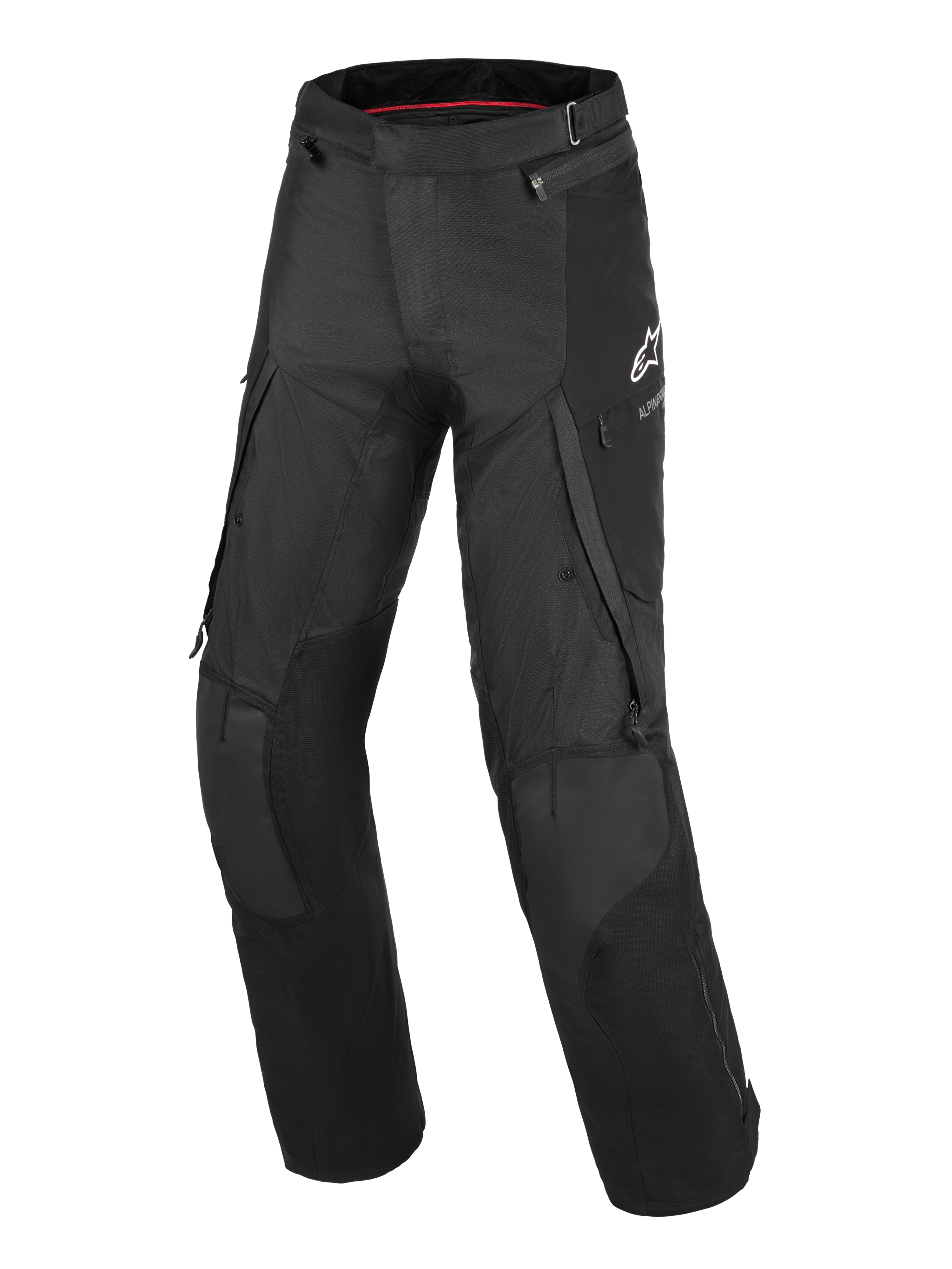 Alpinestars Andes V4 Drystar® Pants - Long, czarne motocyklowe spodnie adventure-touring, duże kieszenie cargo, wzmocnione panele na kolanach, wentylacja na udach zapinana na zamek, białe logo Alpinestars na lewym udzie