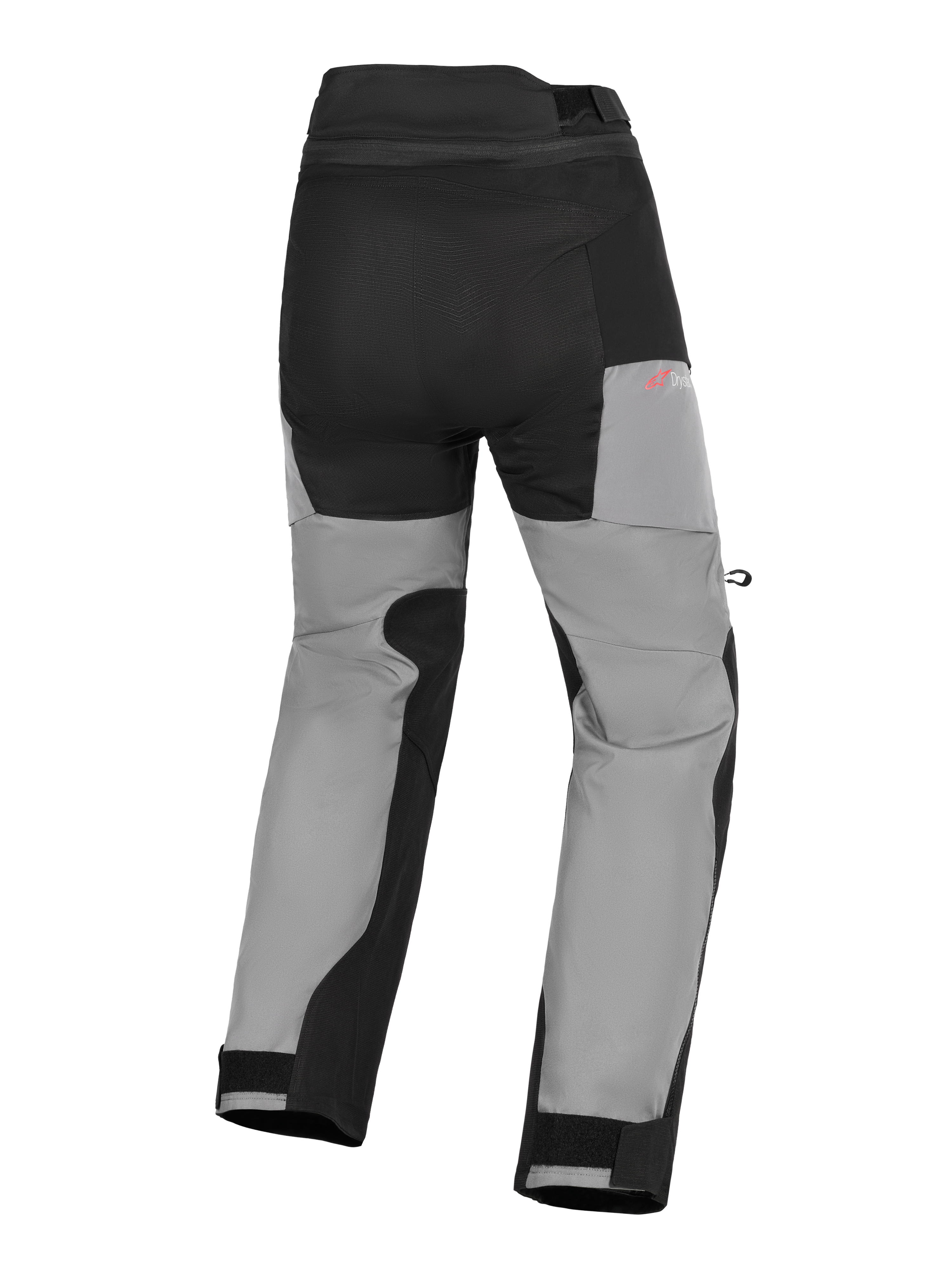 Spodnie Alpinestars Andes V4 Drystar®, przygodowe spodnie motocyklowe, czarne i ciemnoszare, widok z tyłu prezentujący wzmocnione panele na siedzeniu, czerwone logo Drystar na biodrze oraz regulowane zapięcia na rzepy przy kostkach.