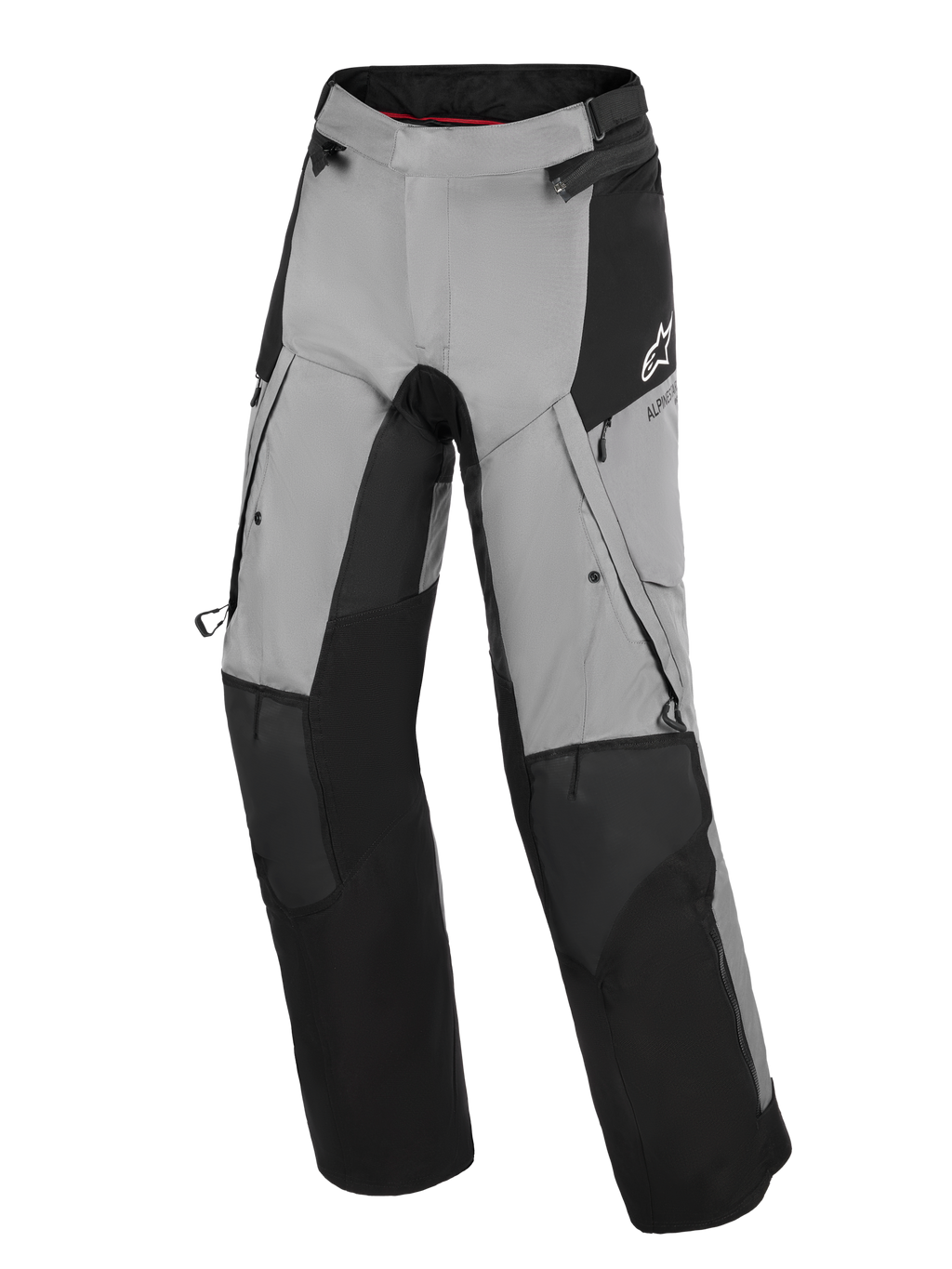Alpinestars Andes V4 Drystar® Pants, turystyczne spodnie motocyklowe, czarno-ciemnoszare, wzmocnione czarne panele na kolanach i goleniach, zapinane na zamek otwory wentylacyjne na udach, kieszenie cargo, białe logo na biodrze, przeznaczone do jazdy w każdych warunkach pogodowych