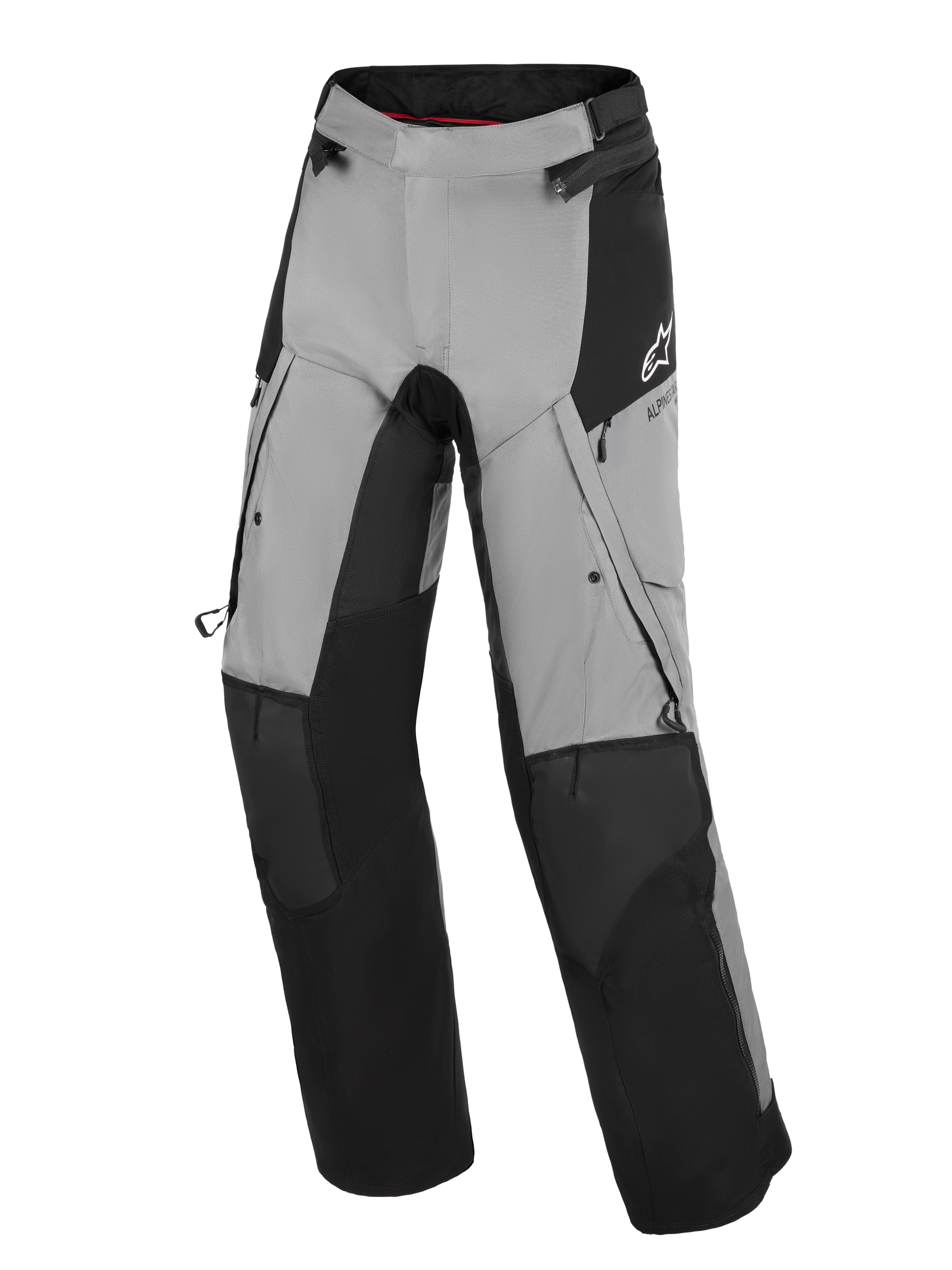 Alpinestars Andes V4 Drystar® Pants, turystyczne spodnie motocyklowe, czarno-ciemnoszare, wzmocnione czarne panele na kolanach i goleniach, zapinane na zamek otwory wentylacyjne na udach, kieszenie cargo, białe logo na biodrze, przeznaczone do jazdy w każdych warunkach pogodowych