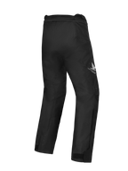 Spodnie Alpinestars Honda ST-1 Waterproof, motocyklowe spodnie turystyczne, czarne, widok z tyłu z logo skrzydeł Hondy na udzie, opływowa konstrukcja tekstylna z ergonomiczną swobodą ruchów i zamkiem do połączenia w pasie
