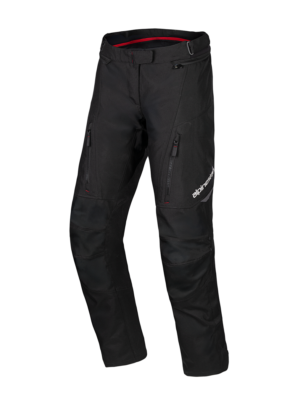Alpinestars Honda ST-1 Waterproof Pants, motocyklowe spodnie turystyczne, czarne z czerwonymi detalami wewnątrz, kieszenie cargo na zamek na udach, ergonomiczne, profilowane nogawki ze wzmocnionymi kolanami, tekstylna wodoodporna odzież typu adventure