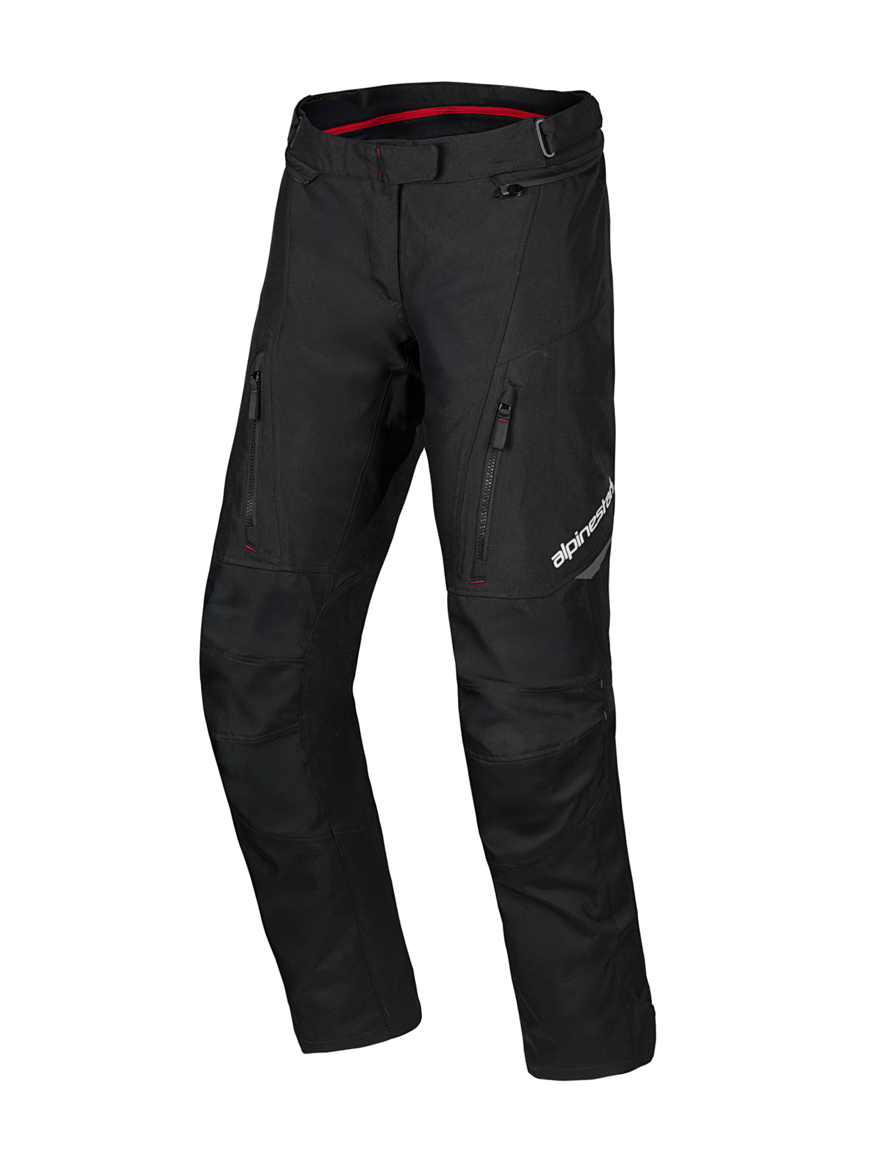 Alpinestars Honda ST-1 Waterproof Pants, motocyklowe spodnie turystyczne, czarne z czerwonymi detalami wewnątrz, kieszenie cargo na zamek na udach, ergonomiczne, profilowane nogawki ze wzmocnionymi kolanami, tekstylna wodoodporna odzież typu adventure