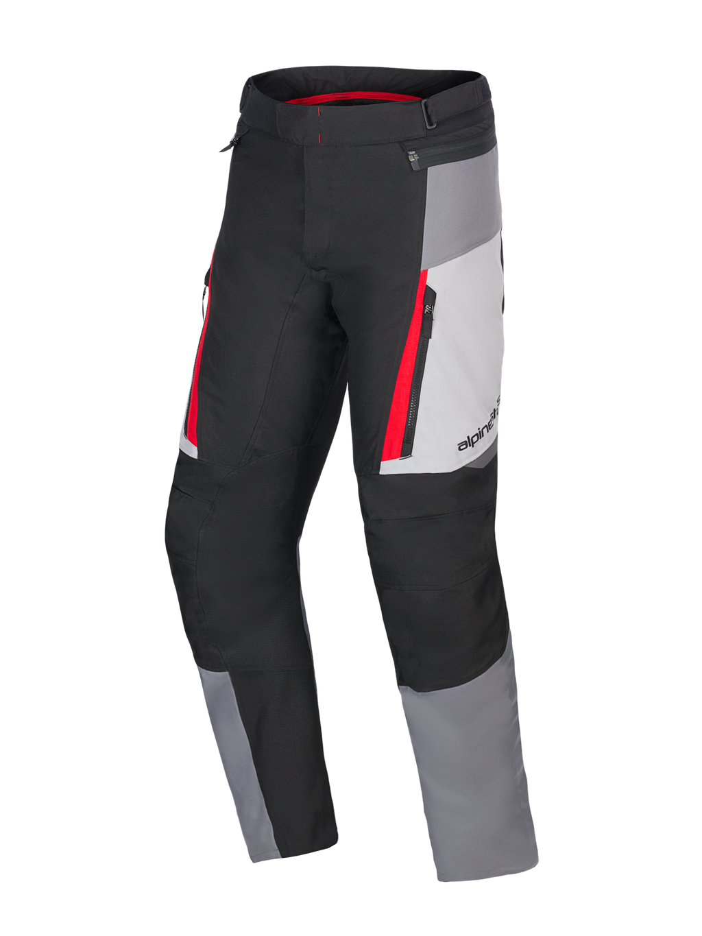 Alpinestars Honda ST-1 Waterproof Pants, turystyczne spodnie motocyklowe, kolory Ice Gray, Dark Gray i czarny z czerwonymi akcentami, techniczna konstrukcja tekstylna z wodoodporną podszewką, kieszenie cargo na zamek i ergonomiczne, profilowane nogawki